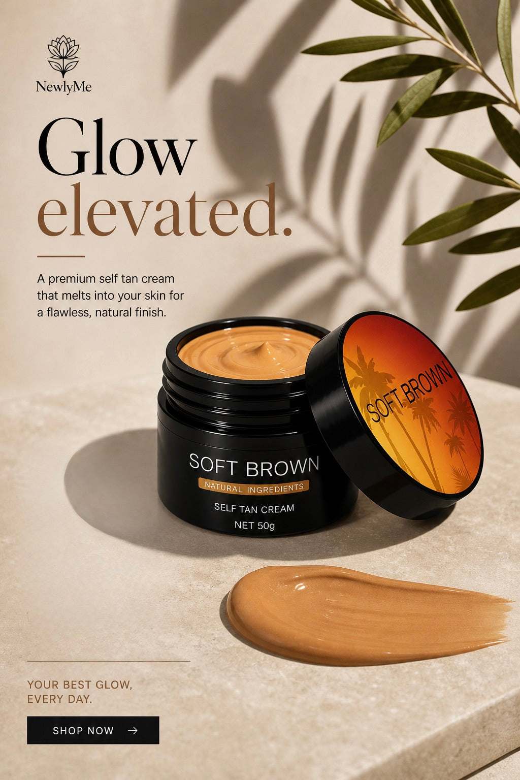 Nourishing Natural Self-Tanning jar open lid on a neutral background, featuring the brand 'NewlyMe'.