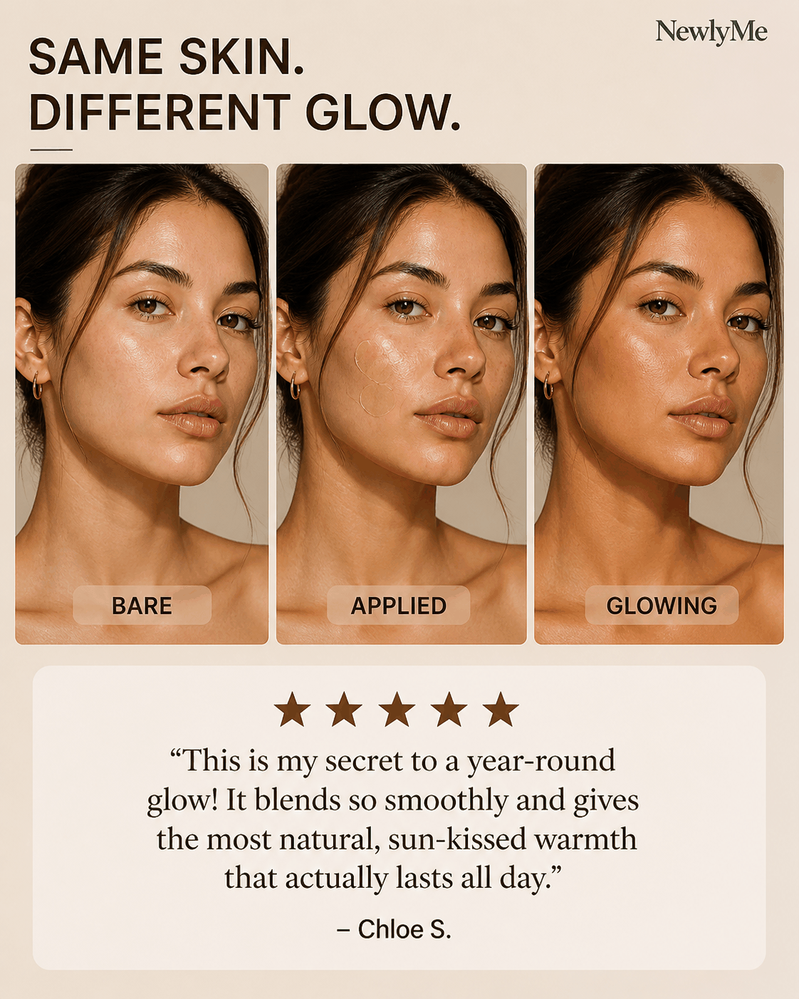Before and after comparison of skin with 'Bare', 'Applied', and 'Glowing' labels, featuring a quote from a user.
