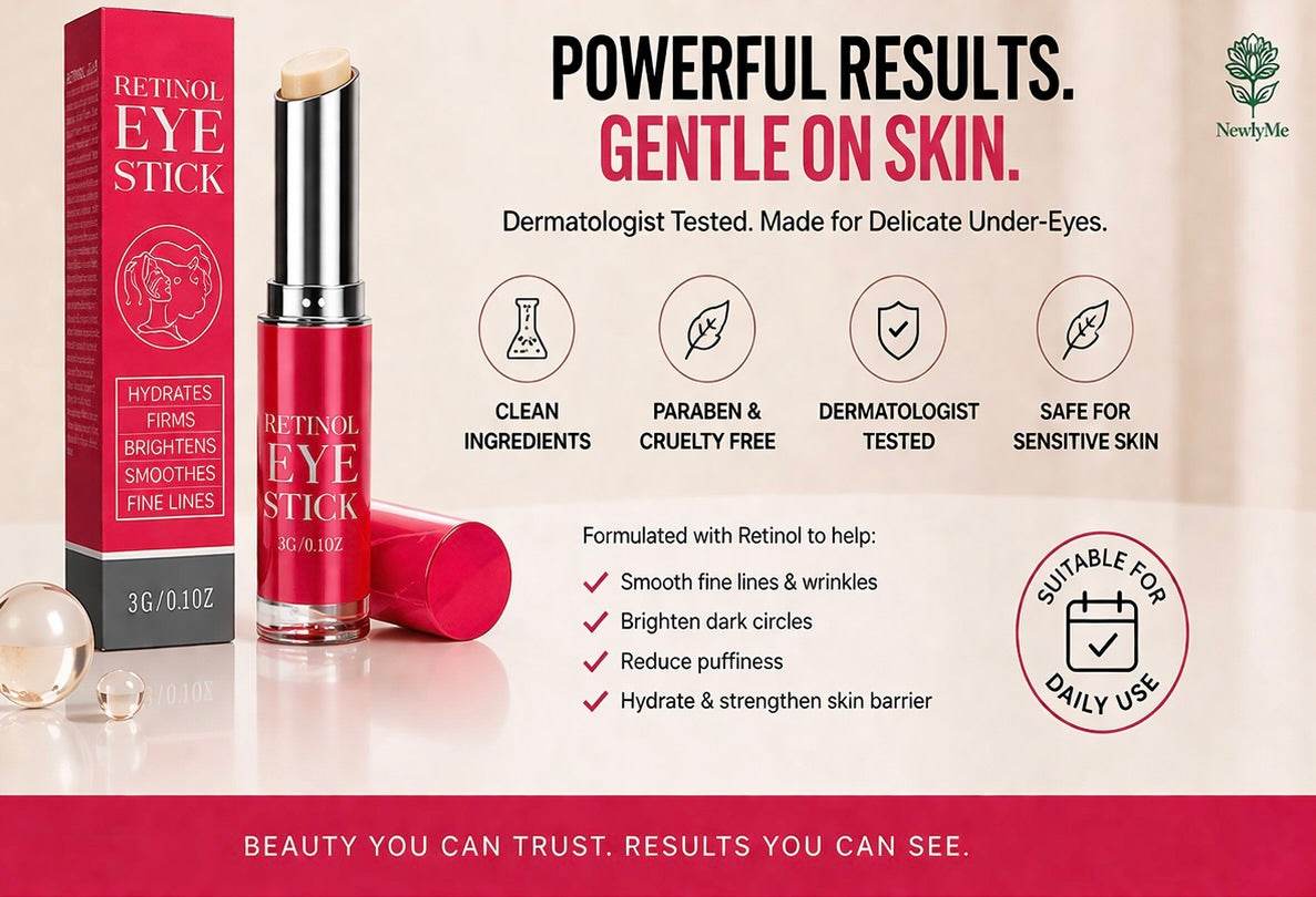 Retinol eye stick with packaging on a beige background, highlighting features and benefits.