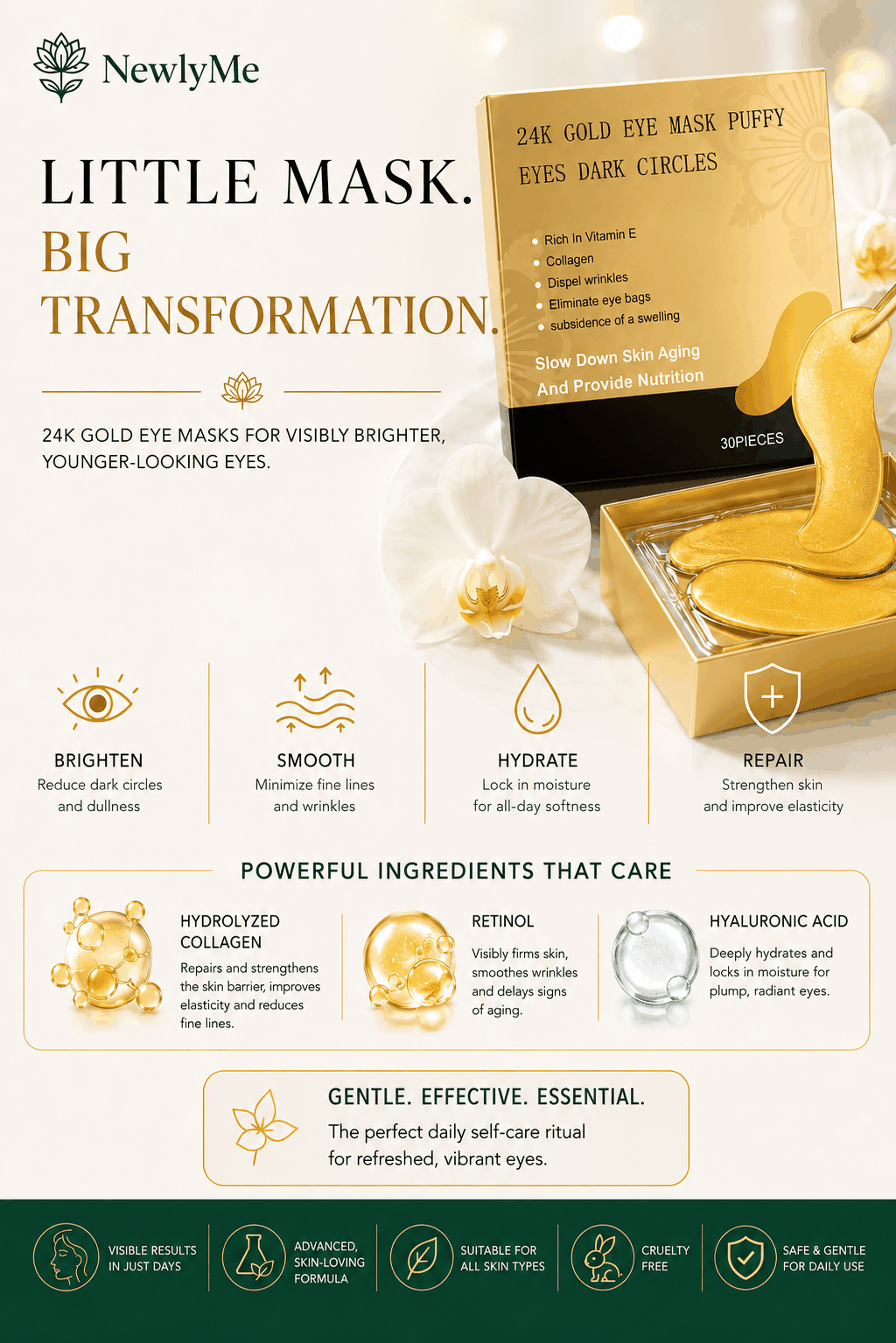 24K Gold Eye Mask packaging with gold mask, orchid flower, and product benefits on a white background.