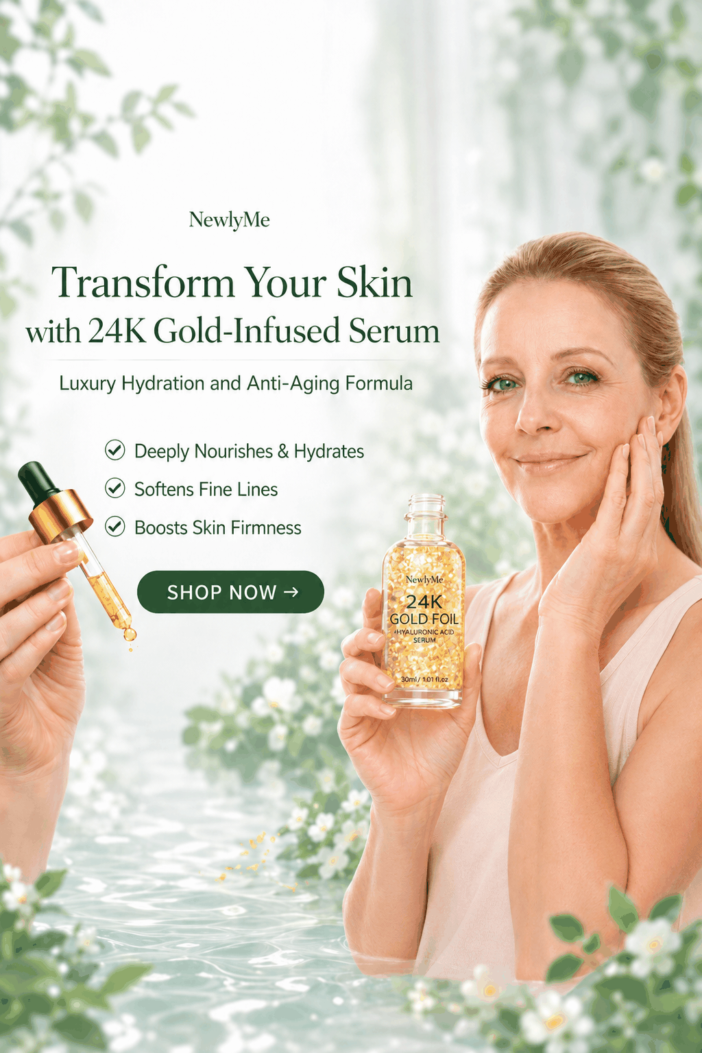 Bottle of 24k Gold Anti-Aging Face Serum with gold foil particles for deep hydration and skin nourishment