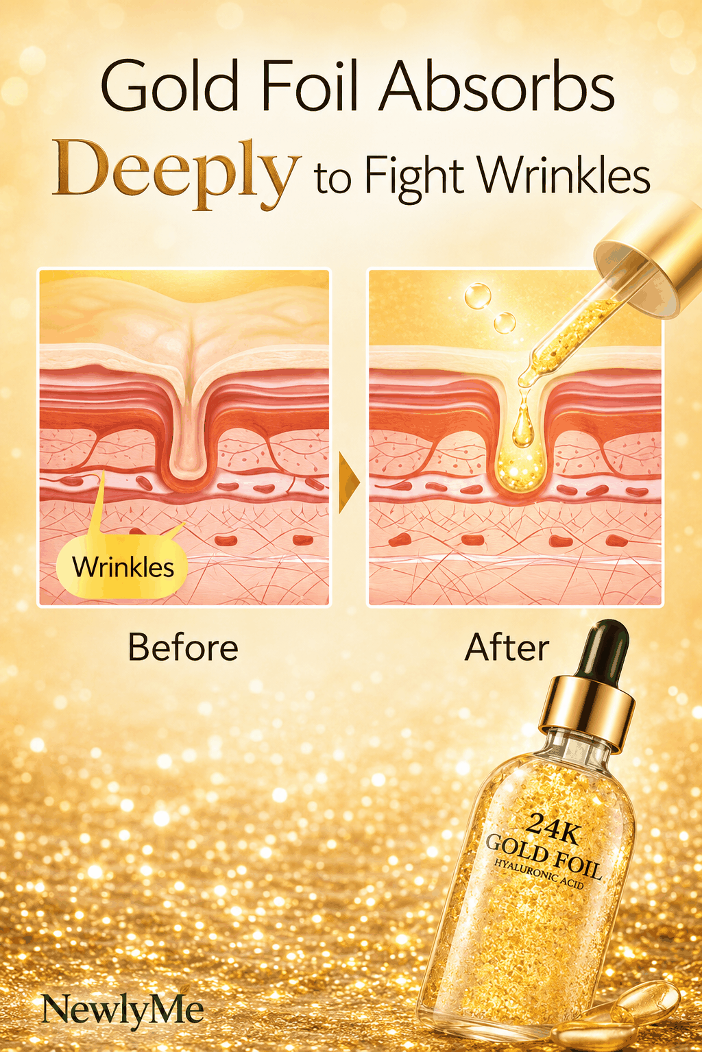 Bottle of 24k Gold Anti-Aging Face Serum with gold foil particles and hyaluronic acid for deep hydration and youthful skin