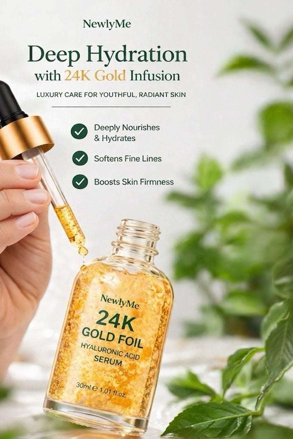 24K Gold Infusion serum bottle with dropper, surrounded by greenery.
