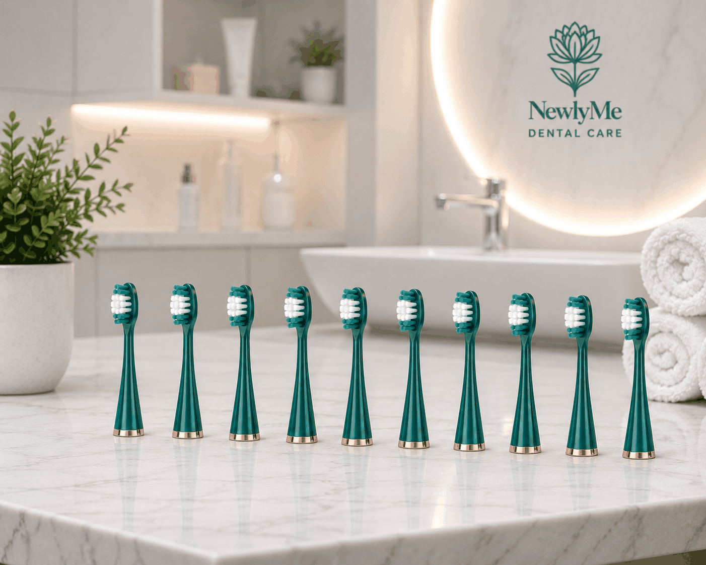 Row of green toothbrush heads on a bathroom counter with 'NewlyMe Dental Care' branding.