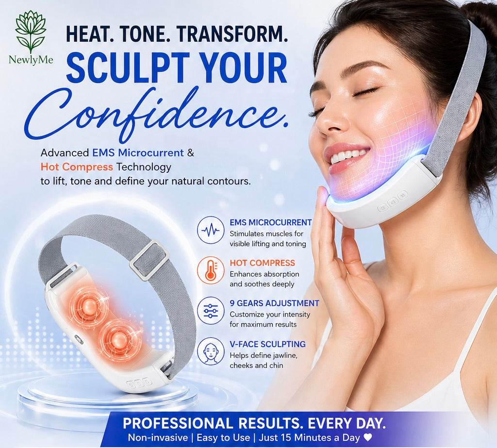 Facial device with text highlighting features and benefits.