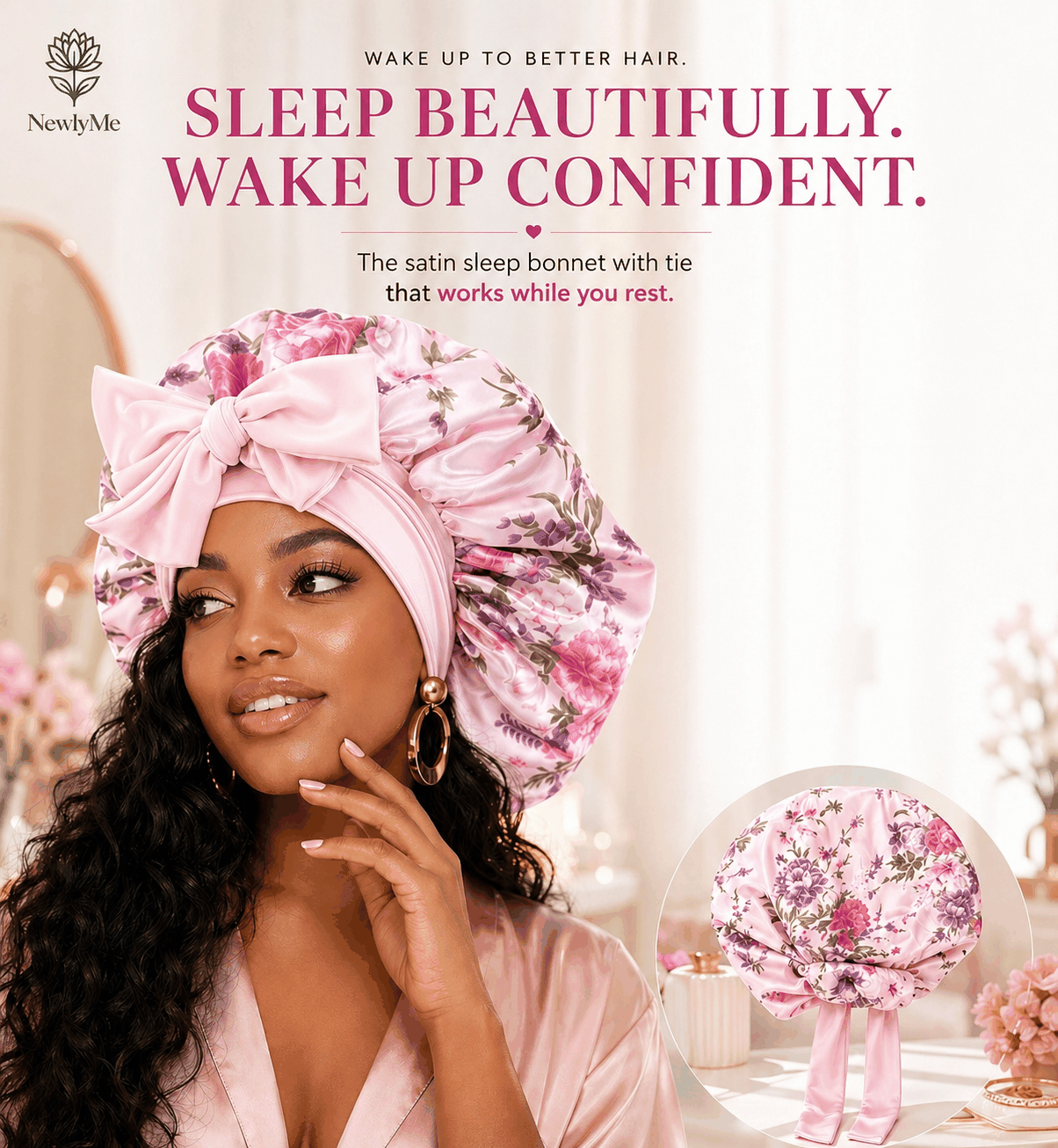 Woman wearing a pink satin hair bonnet with text promoting better hair and confidence.