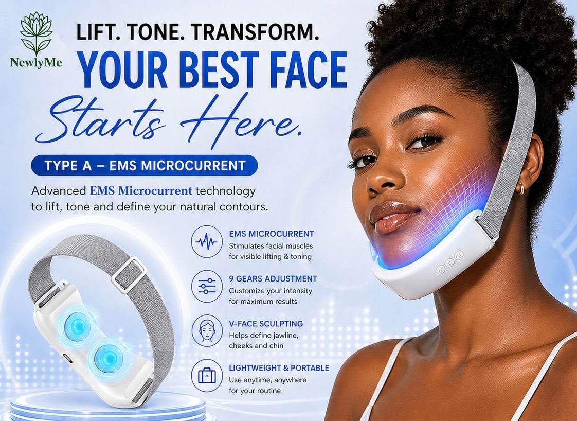 Facial device with text about lifting, toning, and transforming the face using EMS microcurrent technology.