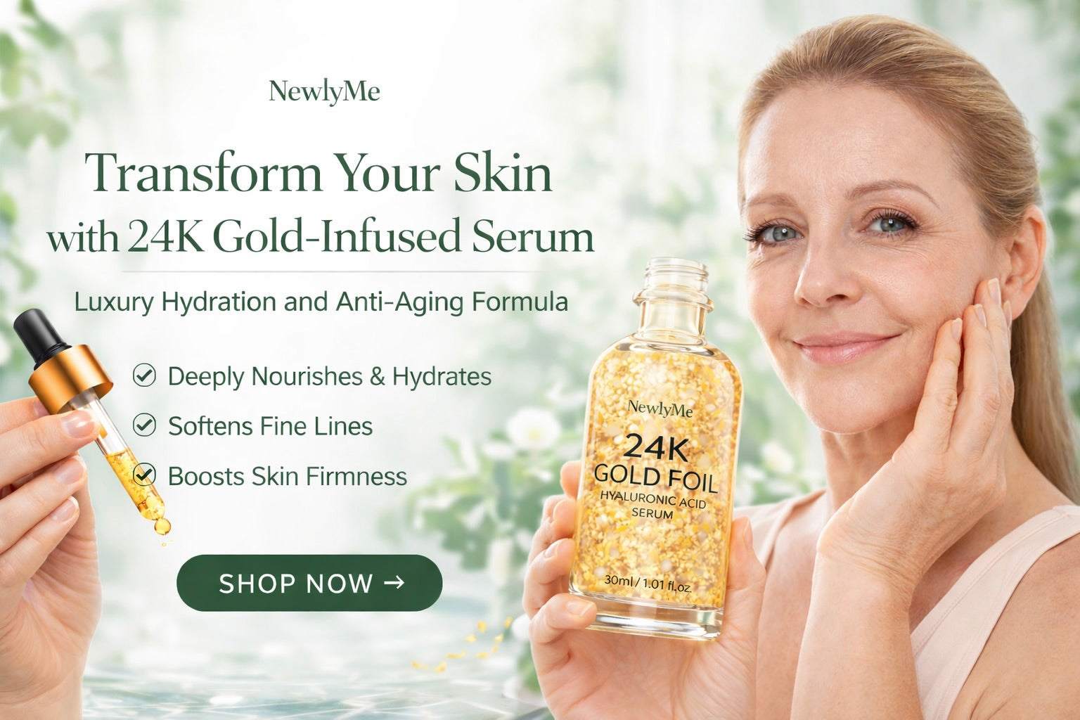 Bottle of 24k Gold Anti-Aging Face Serum with gold foil particles for deep hydration and youthful skin