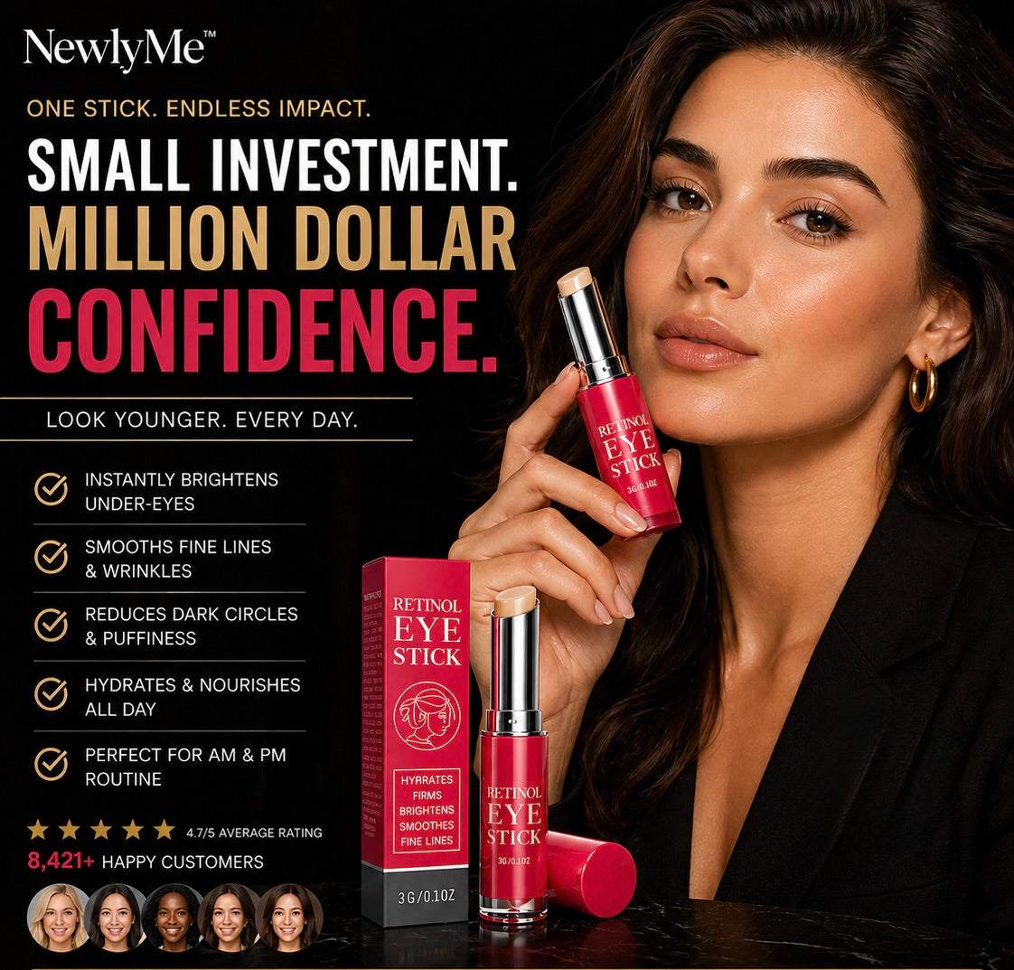 Woman holding a Retinol Eye Stick with promotional text about its effectiveness.