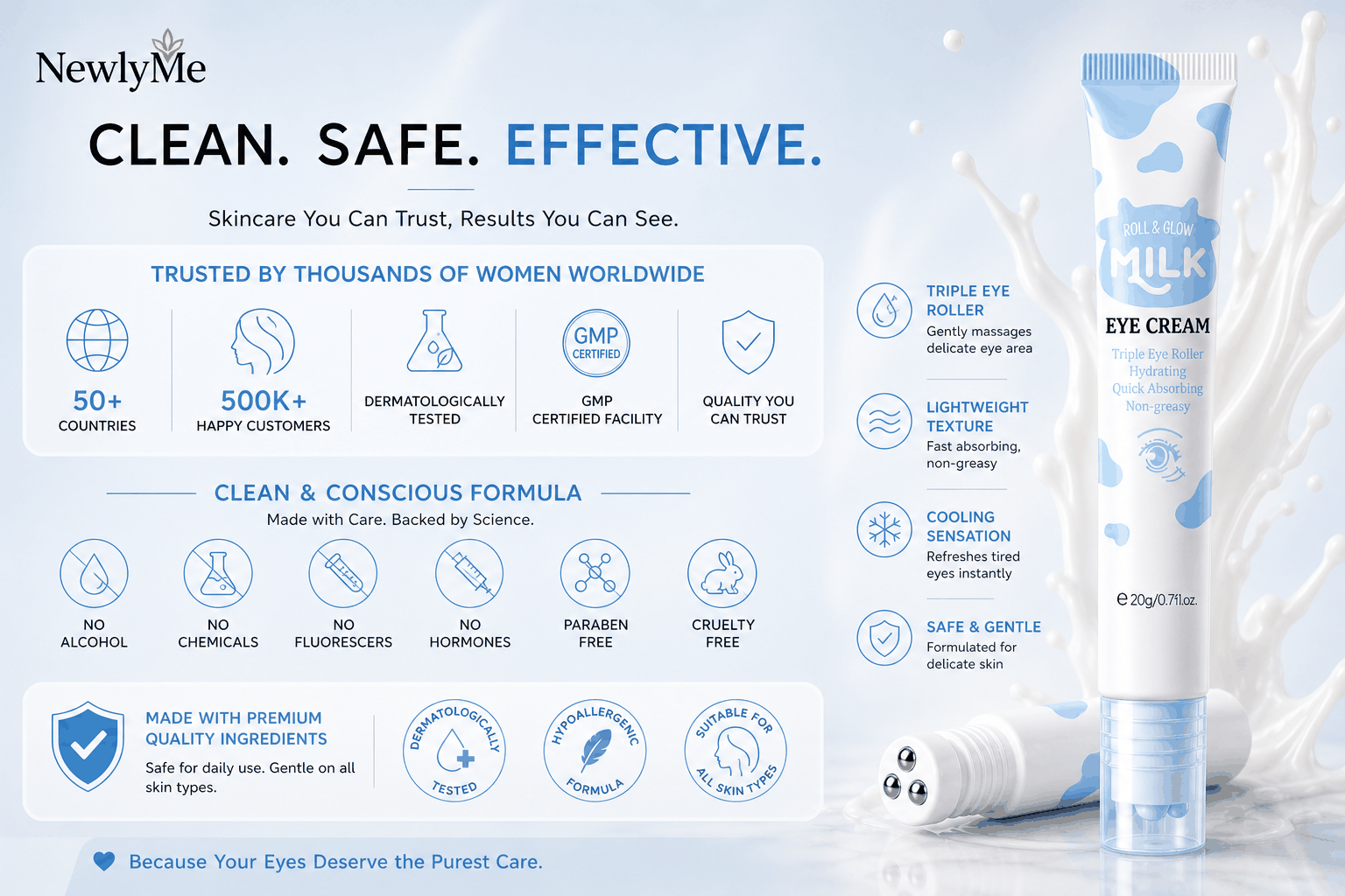 Eye Milk Roller with cooling metal sphere for under-eye hydration and puffiness reduction