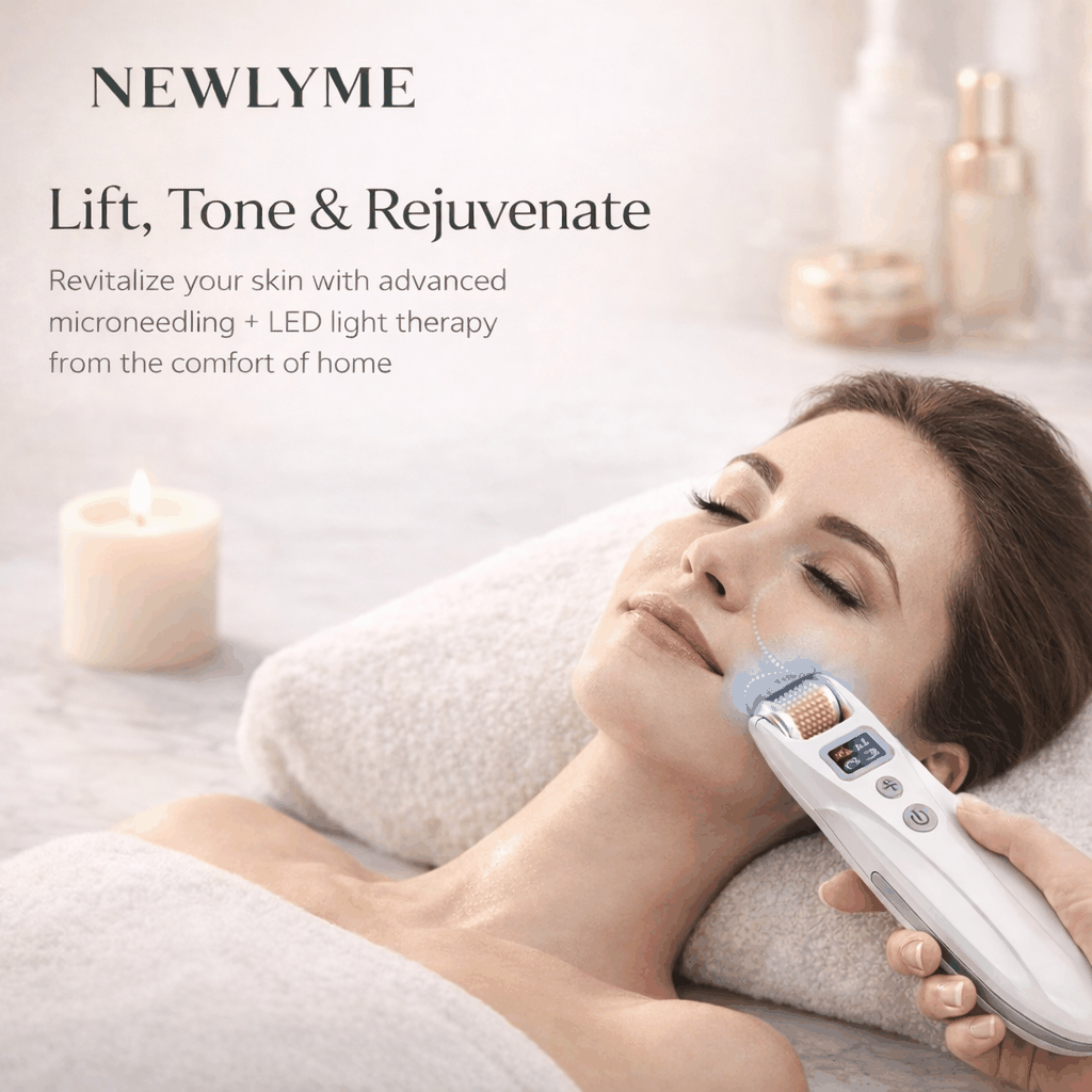 EMS Derma Roller with red and blue light therapy for skin rejuvenation and collagen boosting