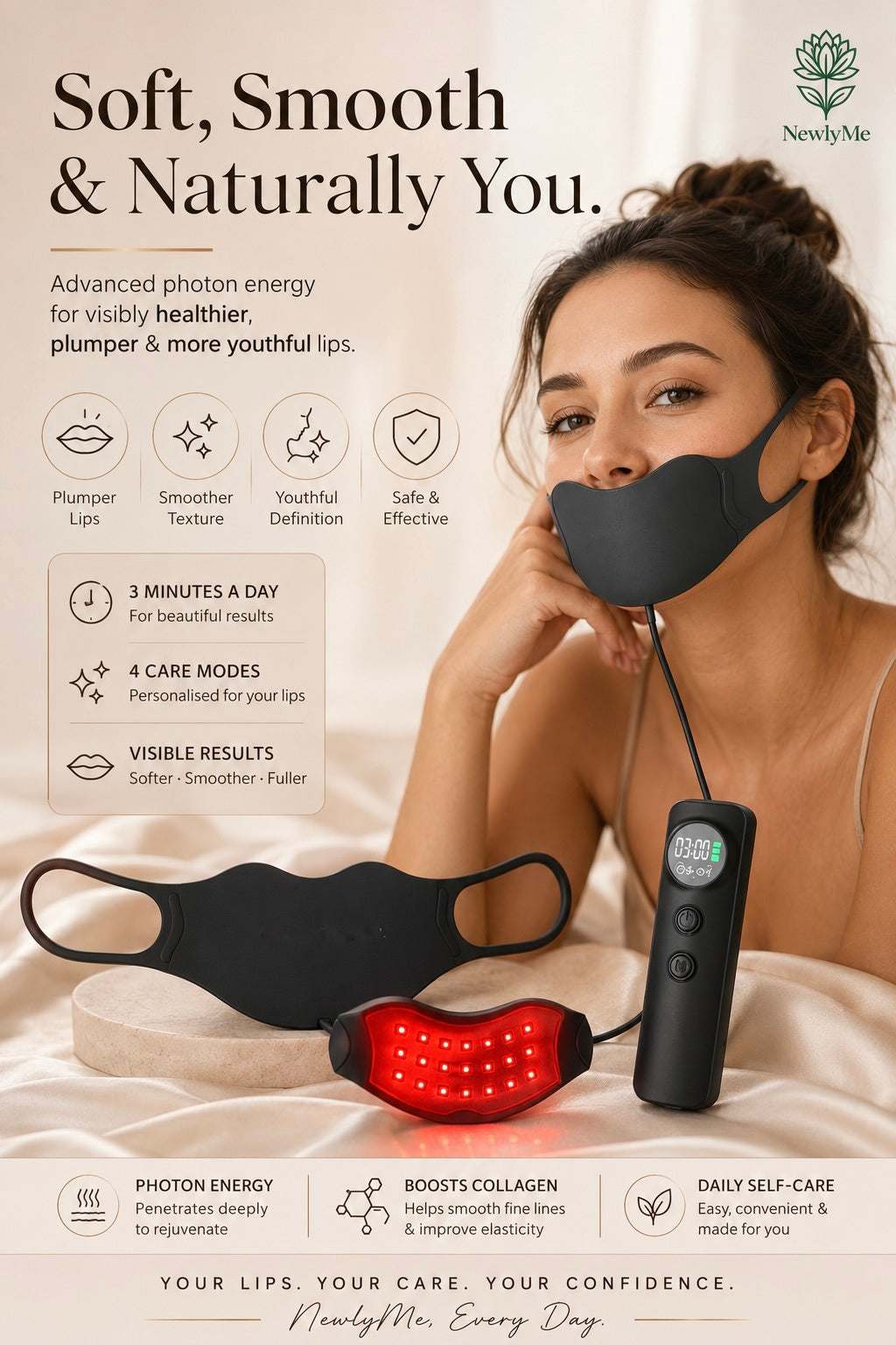 Wireless LED lip beauty instrument with customizable light therapy and silicone mask for collagen stimulation and lip rejuvenation