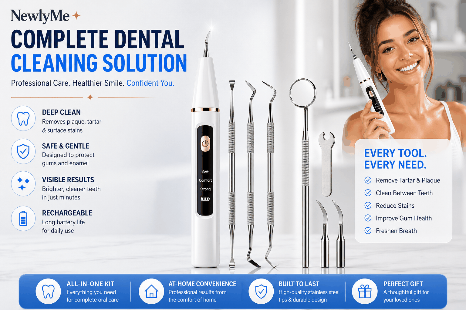 Dental scaler benefits and a woman smiling, on a white background.