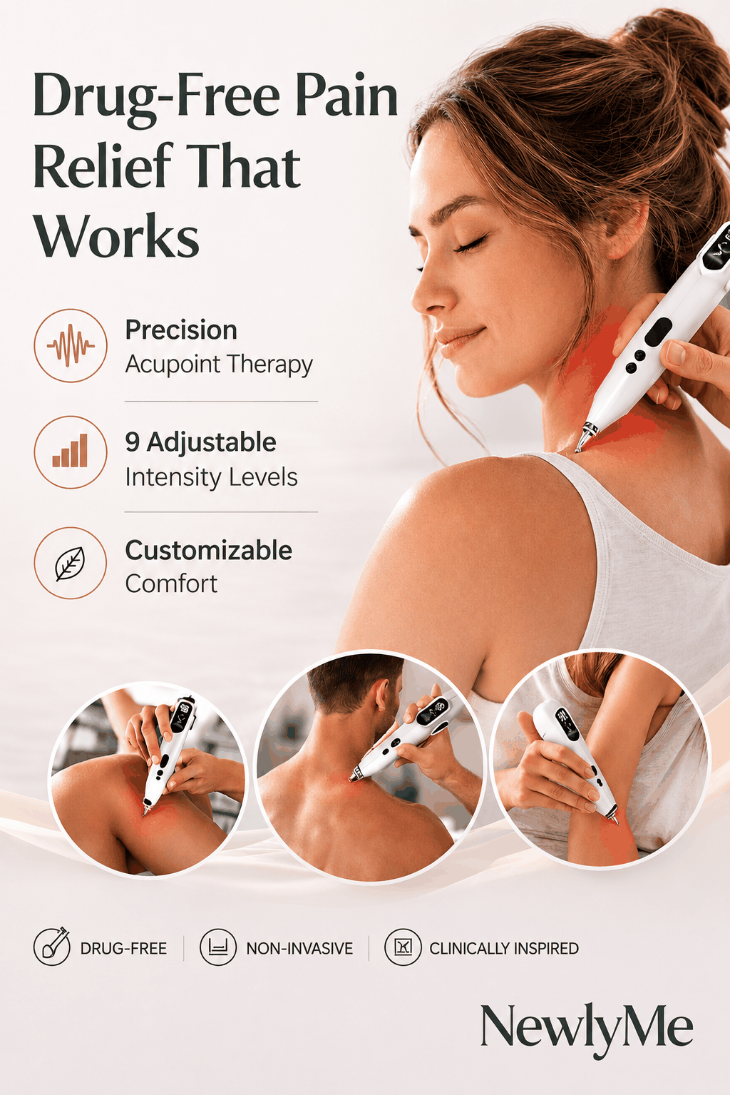 Acupuncture pen with digital display showing intensity settings for targeted acupressure therapy