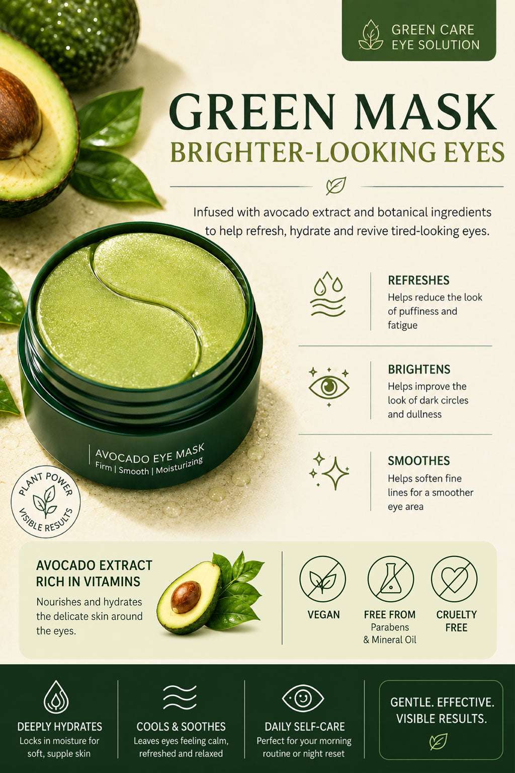 Avocado eye mask with green leafy garnish on a beige background, featuring text about its benefits and ingredients.