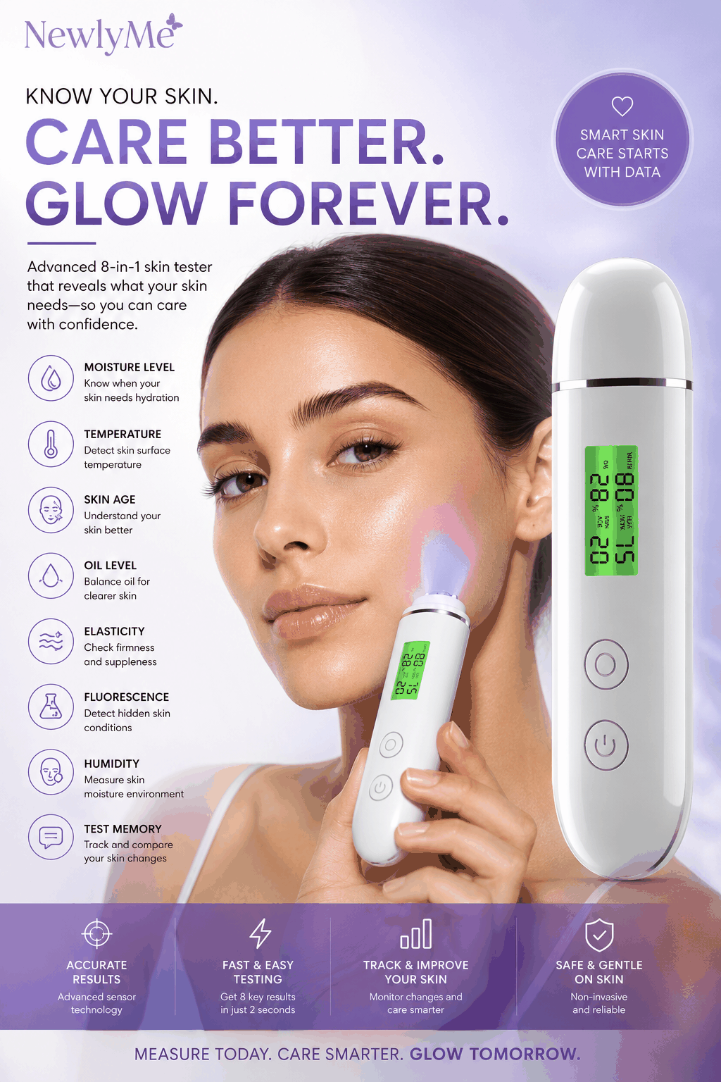 Advanced digital skin moisture detector pen with LCD display measuring facial hydration and oil levels