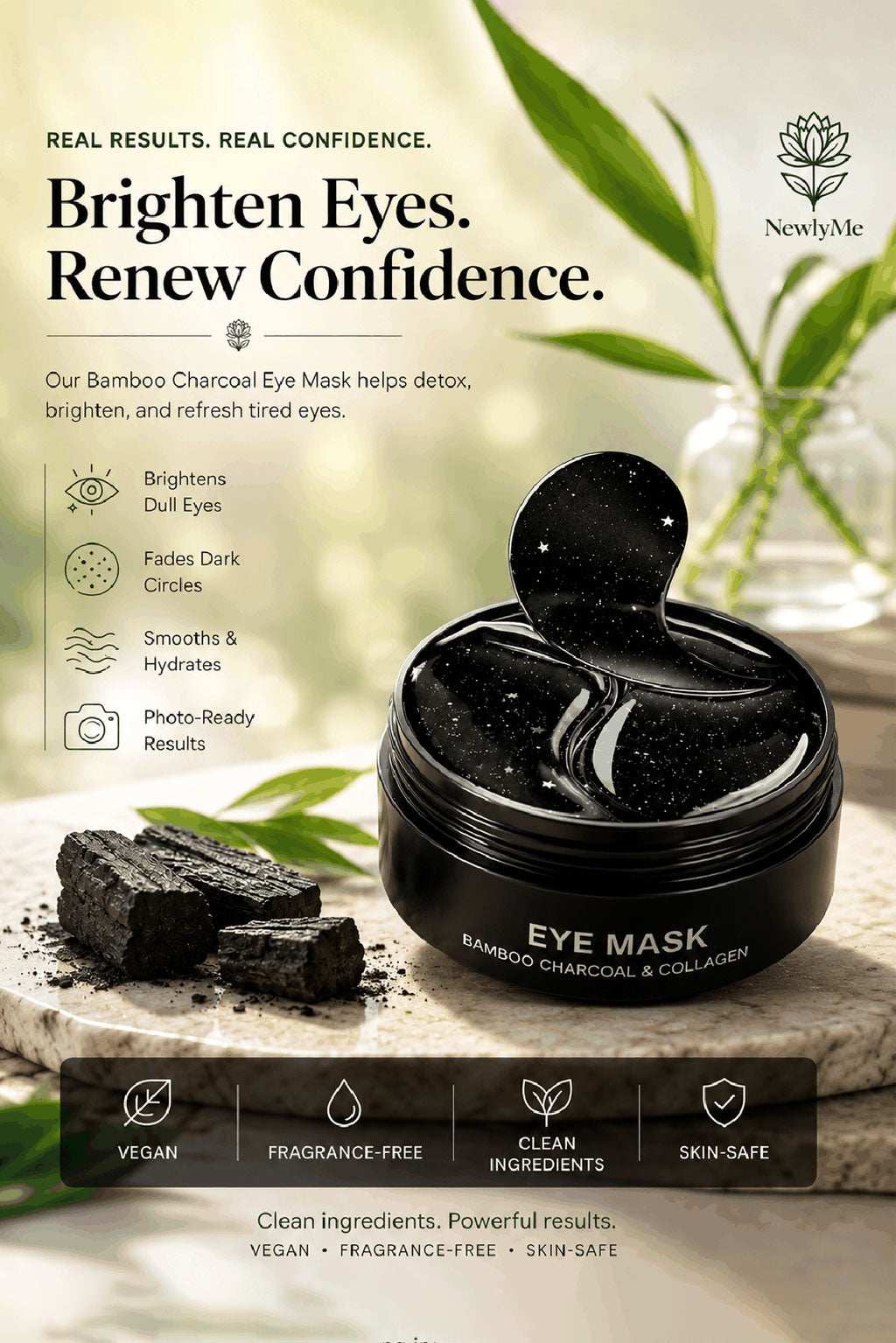 Bamboo charcoal eye mask with packaging on a light background, featuring text about product benefits.