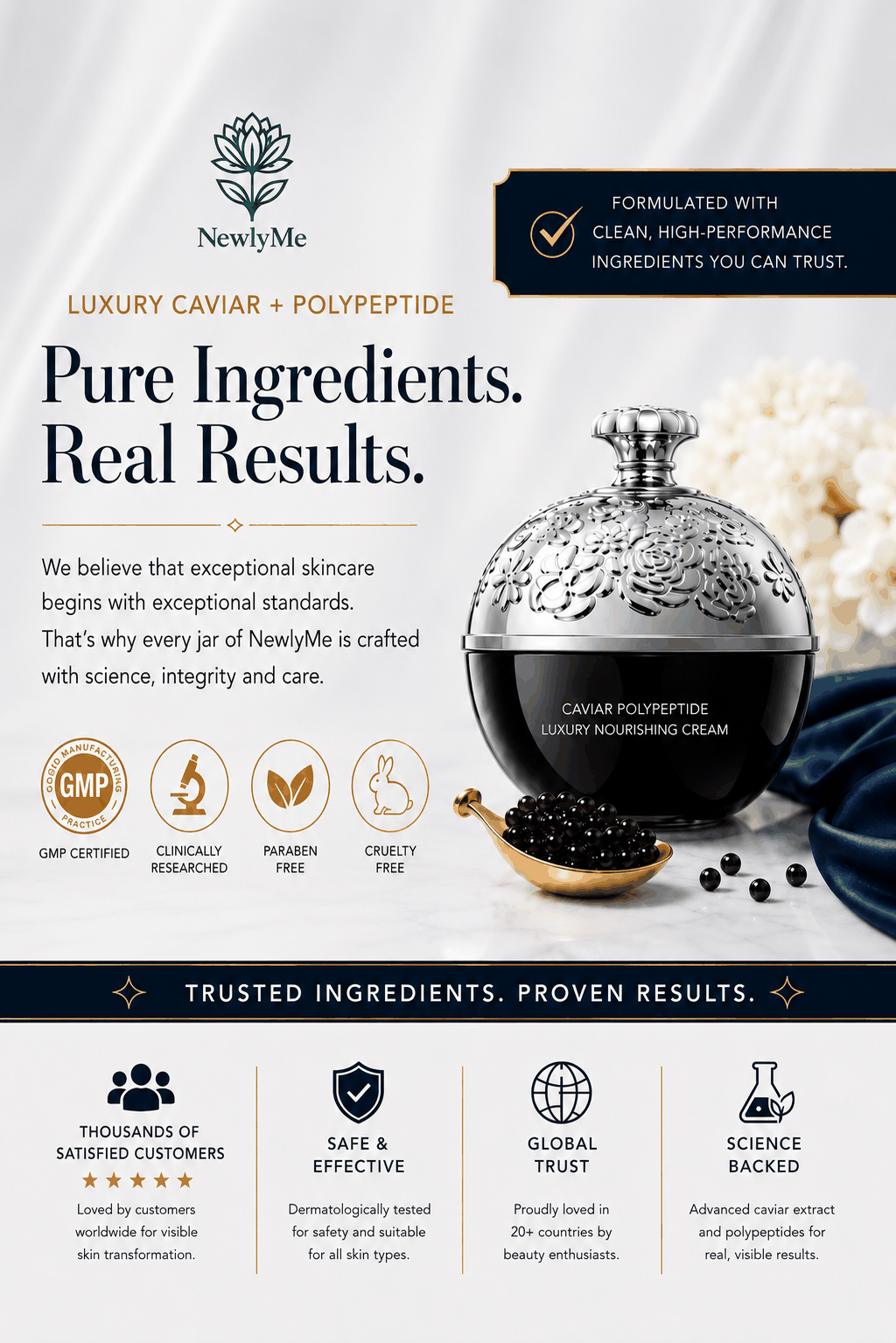 Black caviar + polypeptide cream with product and branding elements.