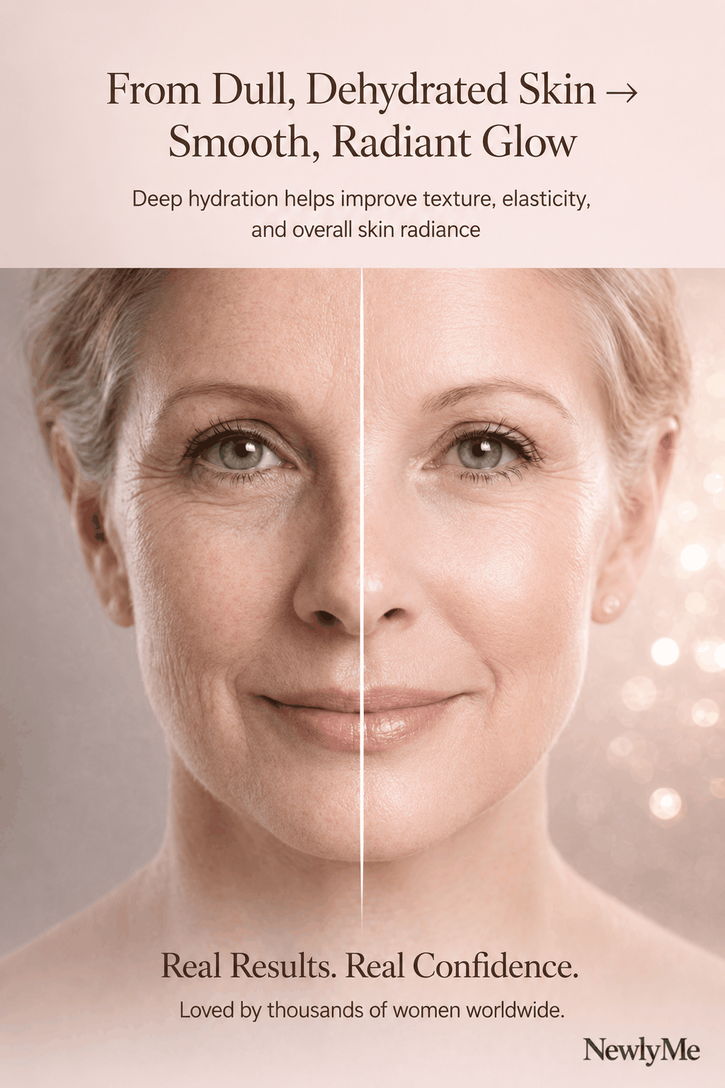 Before and after comparison of a woman's face with text about deep hydration and skin improvement.