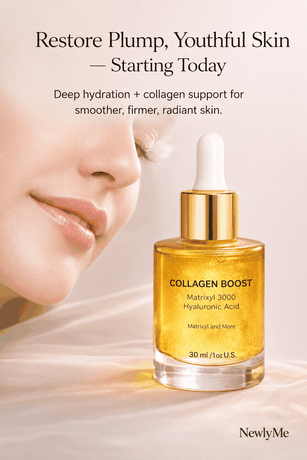 Collagen boost serum bottle with a woman's face in the background, promoting skin hydration and firmness.