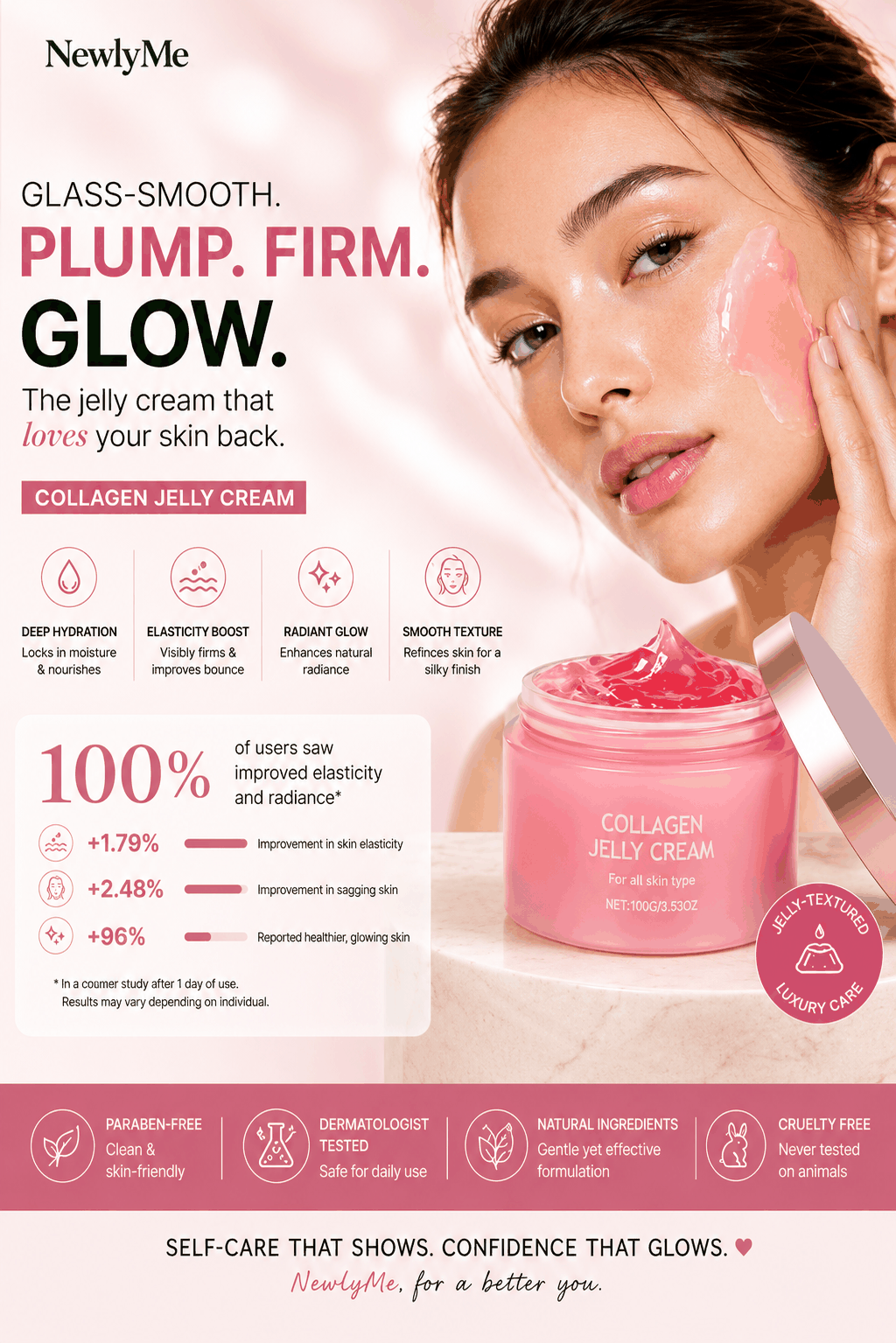 Collagen Jelly Cream with a woman's face and product shown.