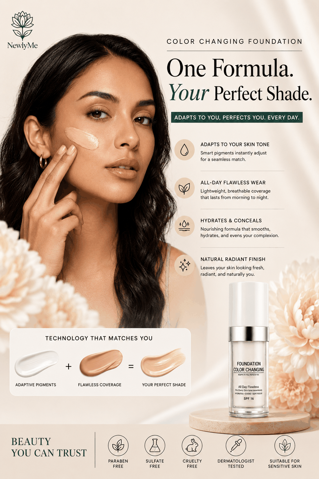 Color Changing Foundation bottle showcasing personalized, skin-adapting makeup with lightweight, buildable coverage and luminous finish