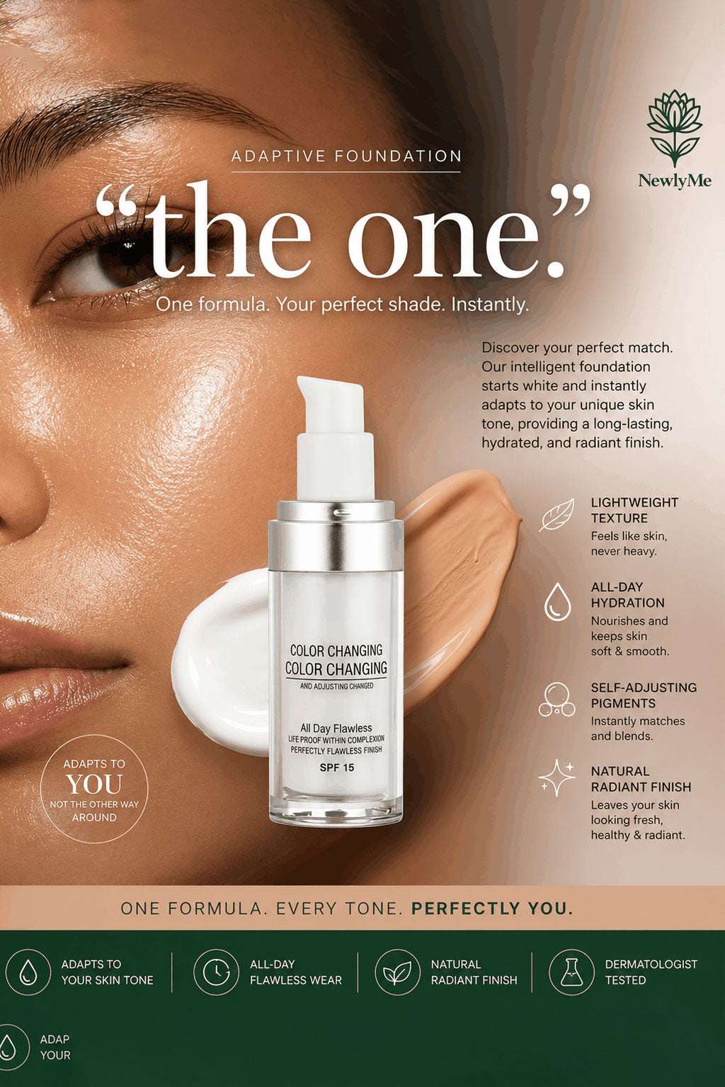 Color changing foundation product with a close-up of a woman's face and the product bottle.
