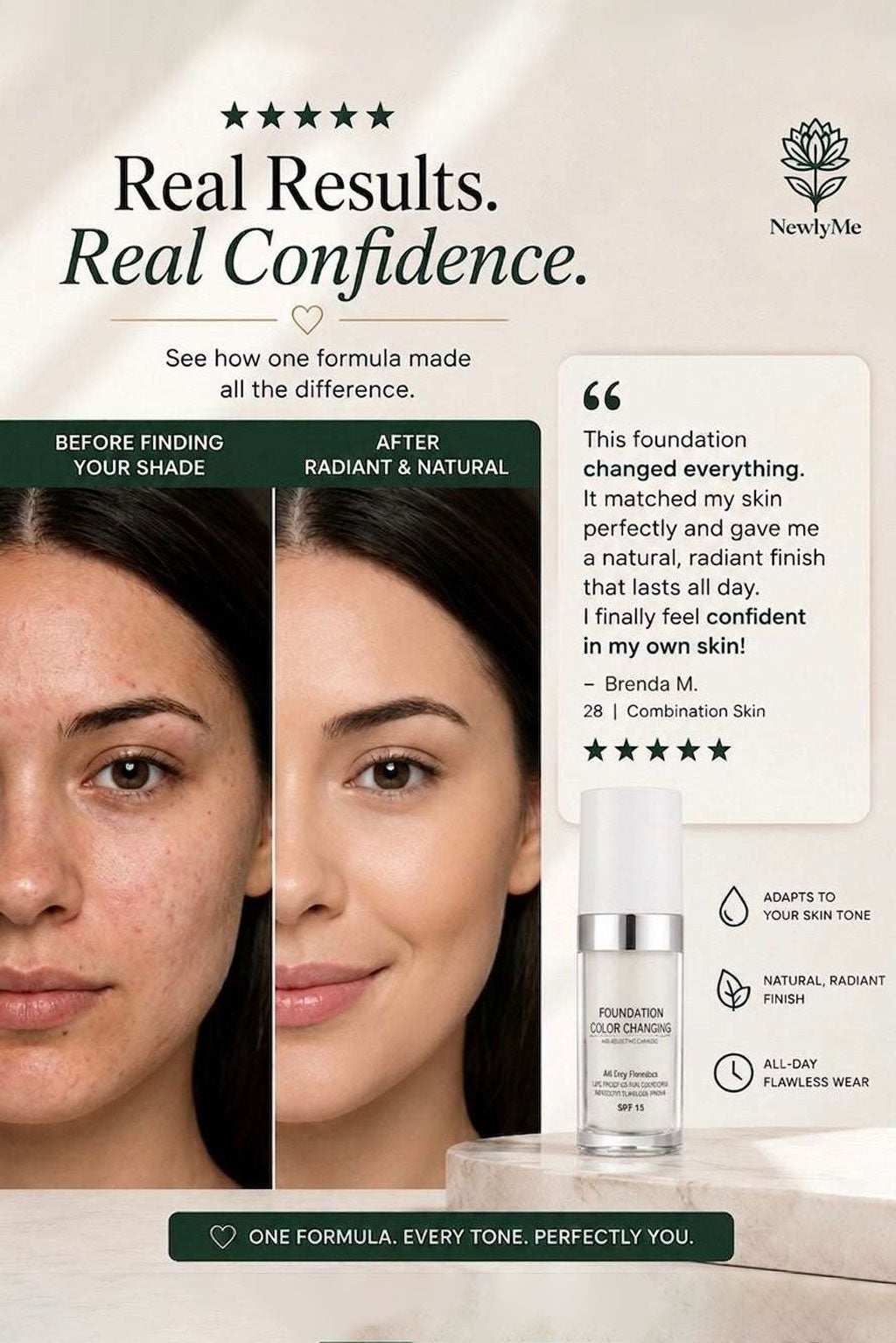 Color change foundation product showing before and after effects on skin.