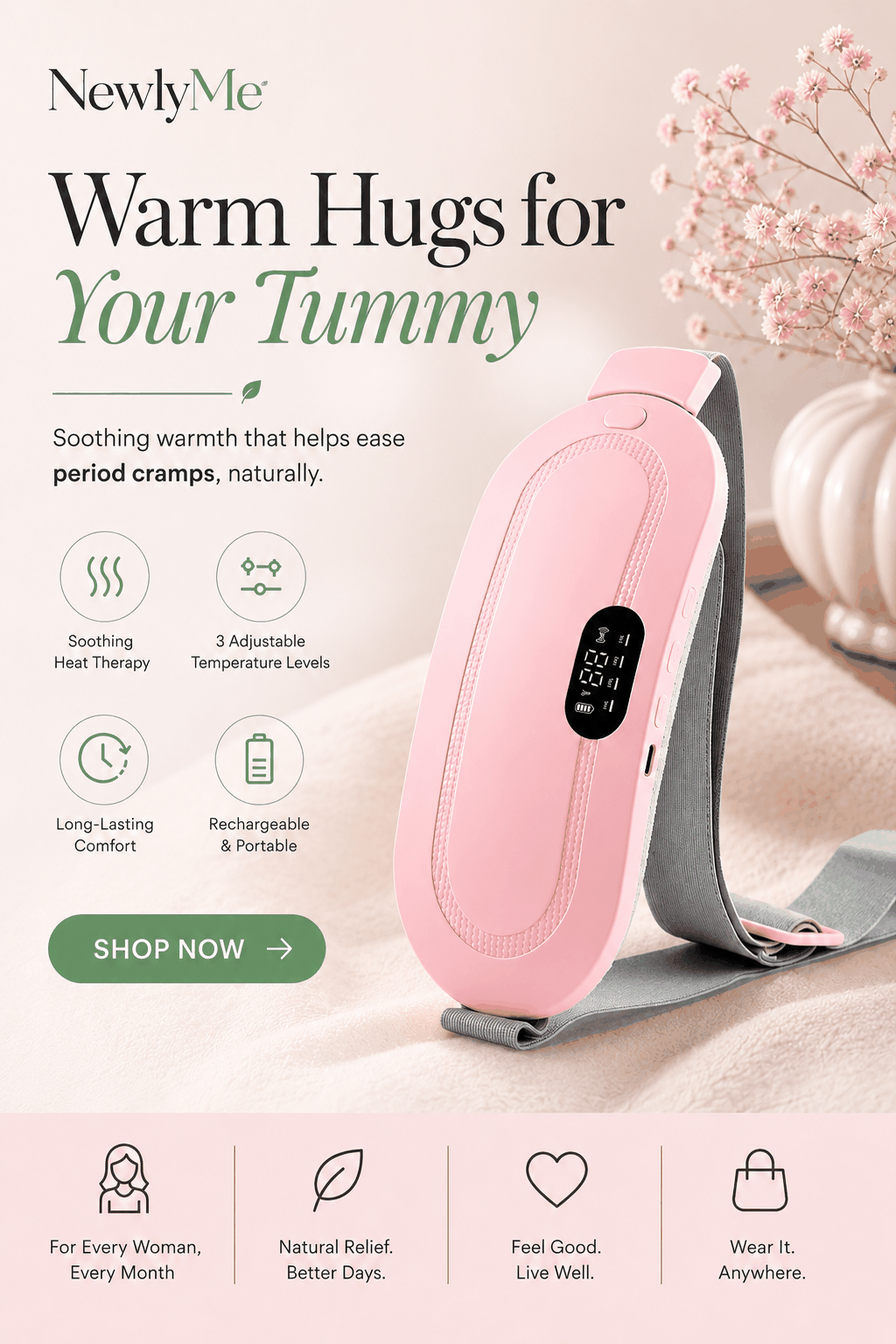 Portable menstrual heating pad belt for cramp relief and abdominal comfort