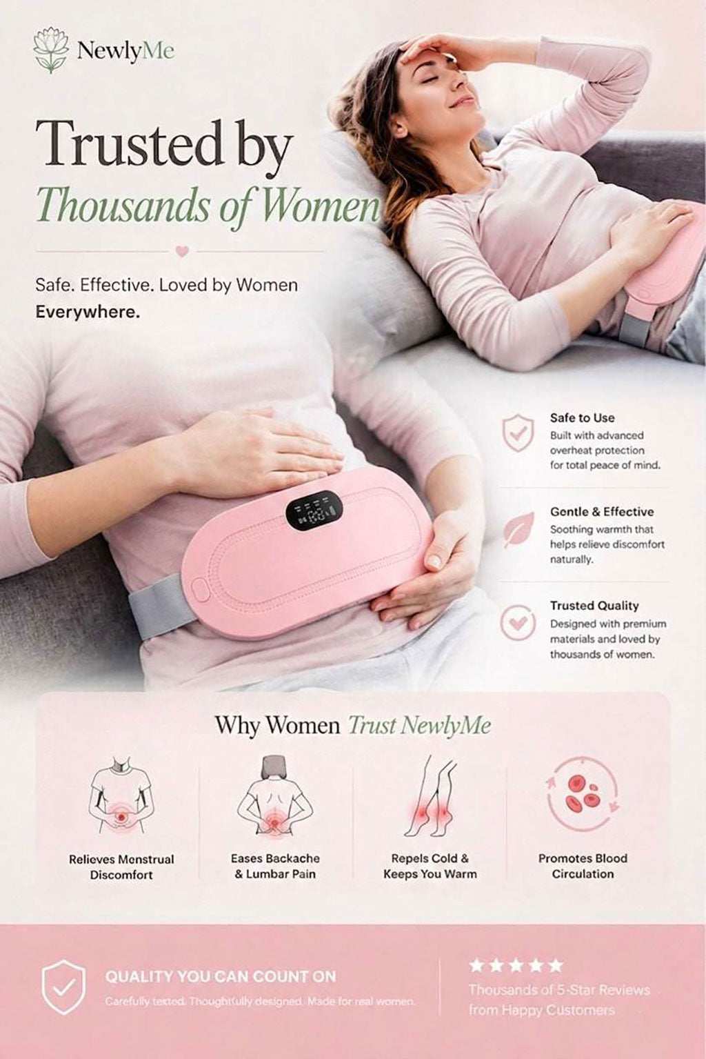 Cramp relief belt with a woman lying on a couch using the product.