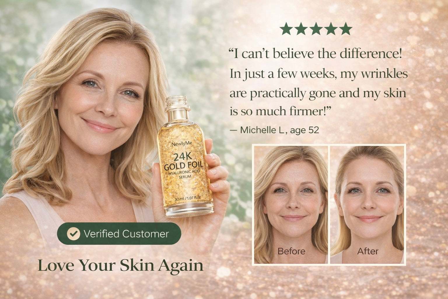24k gold anti-aging face serum bottle with gold foil particles for hydration and skin nourishment