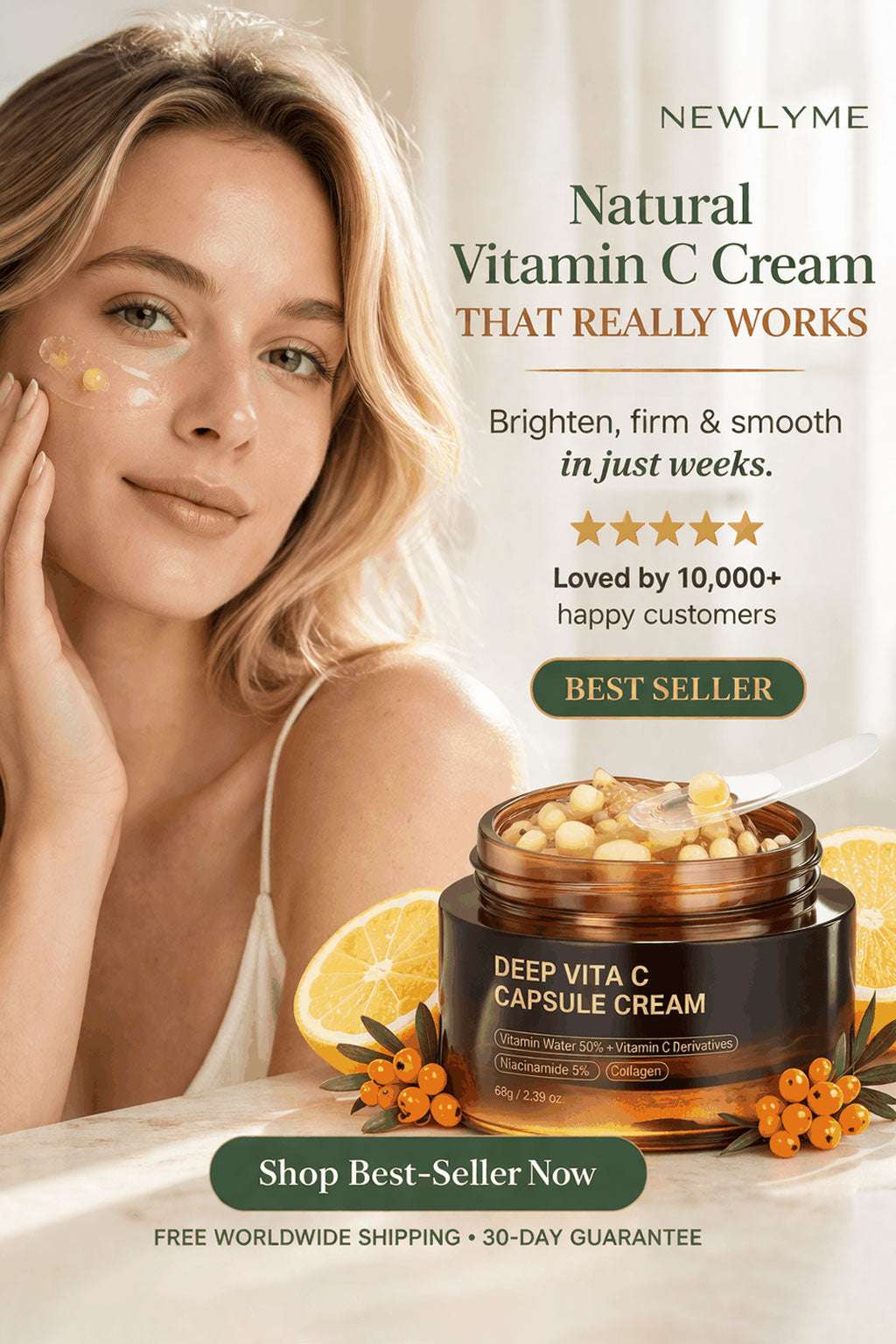 Deep Vita C Capsule Cream with a woman applying cream to her face.