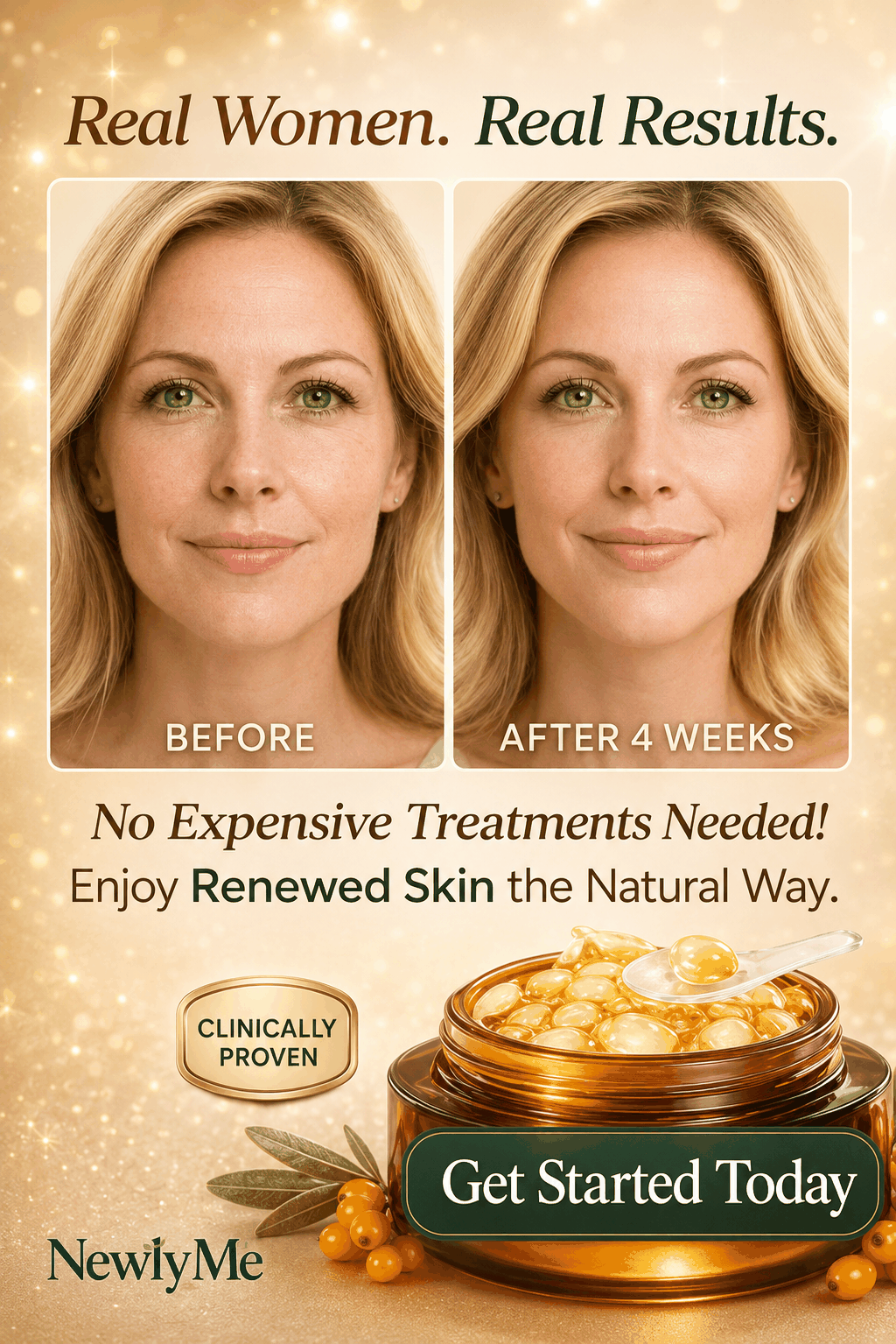 Deep Vita C Capsule skincare product showing a woman's face before and after use, with text about natural skin renewal.