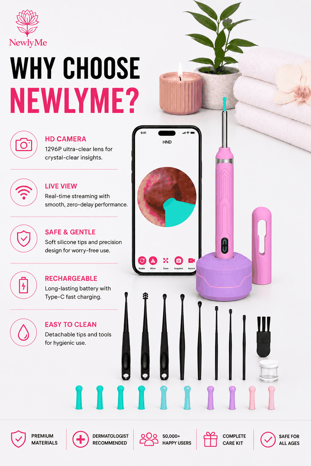 WiFi ear cleaner with 360° camera and 1296P HD for real-time ear inspection on Android and iOS