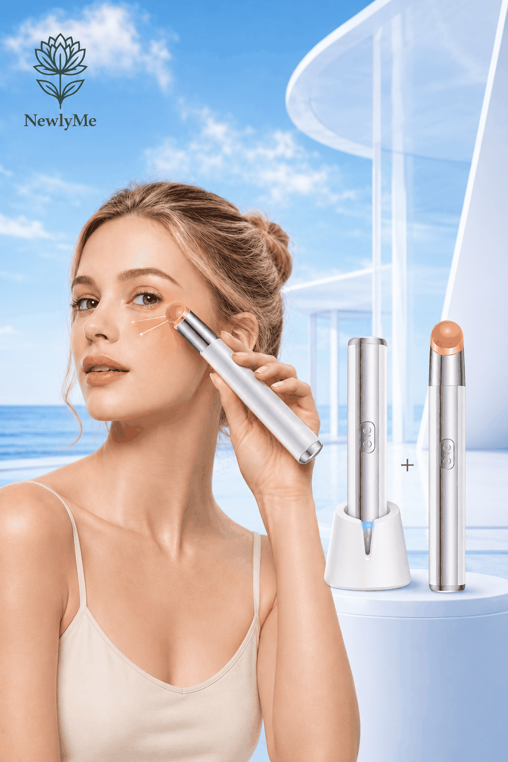 Woman using a compact eye and lip beauty massager with multi-spectrum light, warming, vibration, and UV sanitization features
