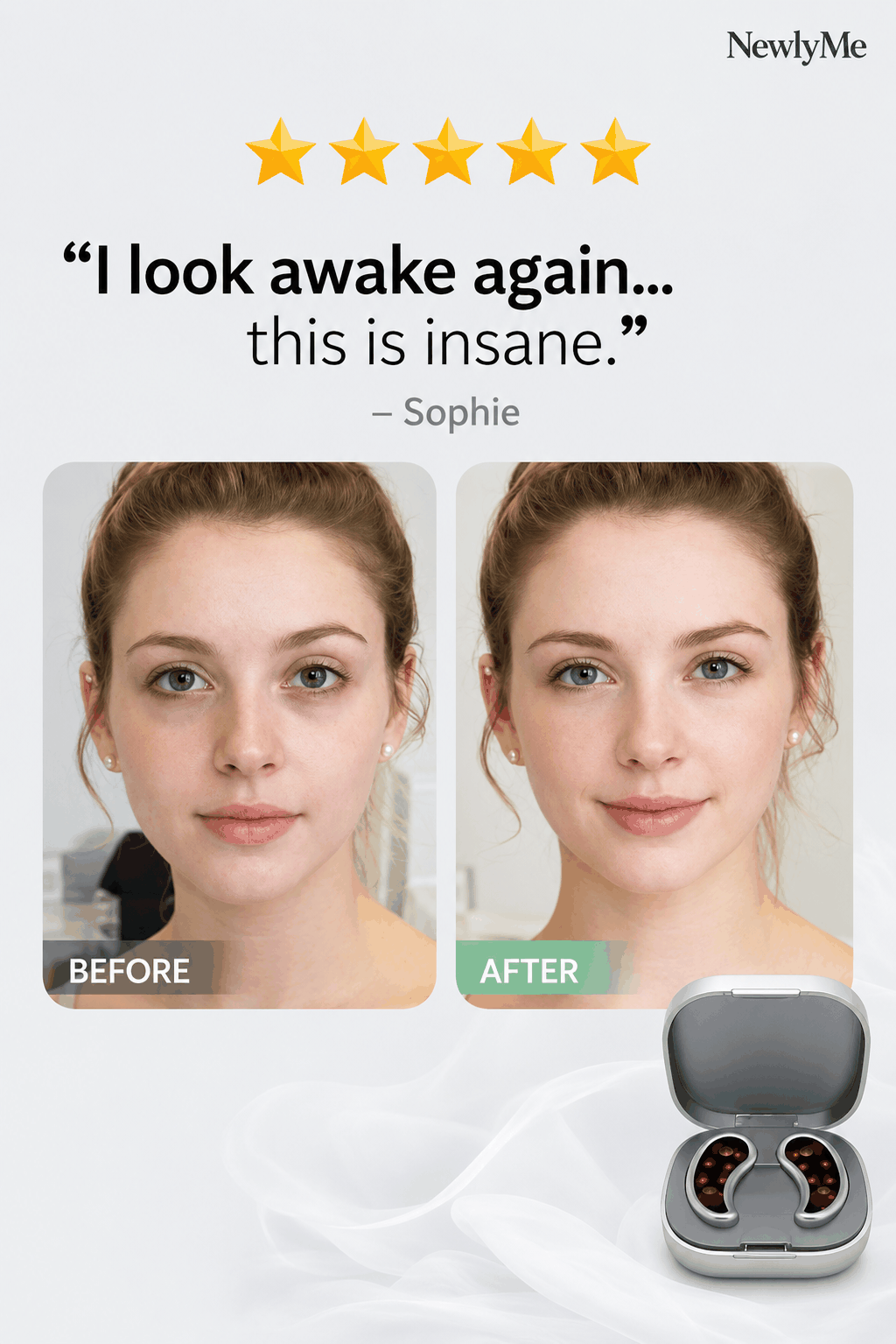 Before and after comparison of a woman's face with a device, featuring a 5-star rating and user comment.