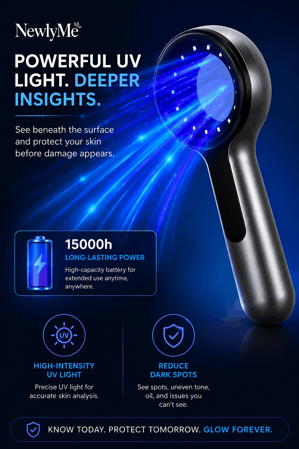 Handheld skin analyzer revealing hidden UV damage and pigmentation for beauty and sun safety