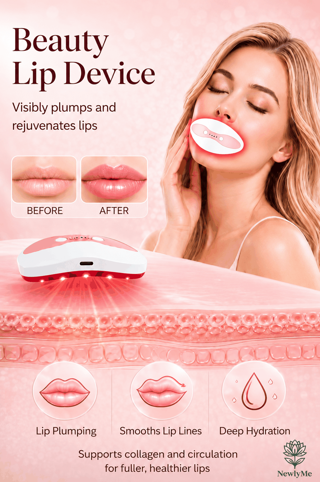 Lip plumper red light therapy device with 8 LED bulbs and heating levels for lip and eye care