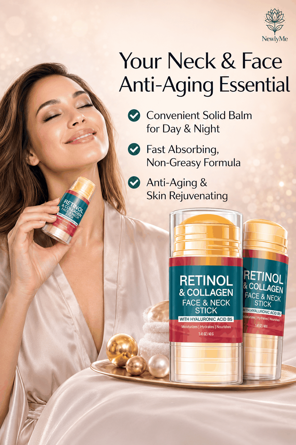 Woman applying skincare product with 'Retinol & Collagen Face & Neck Stick' packaging displayed.