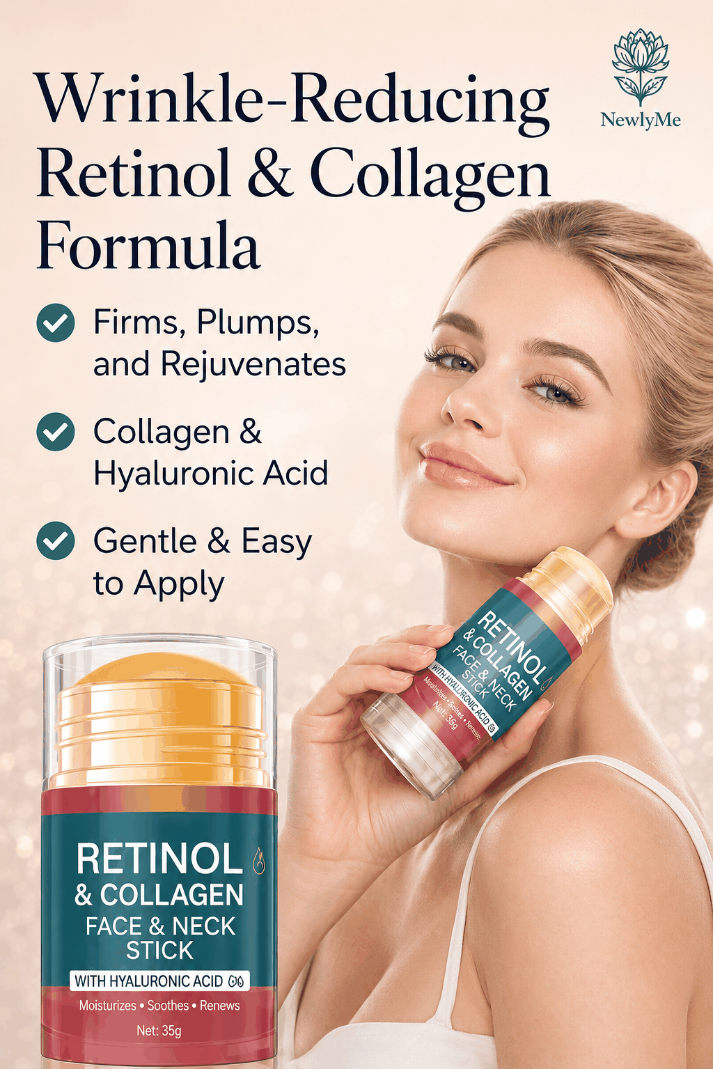 Woman holding a retinol and collagen face stick with product packaging displayed.