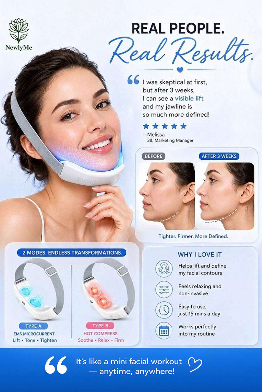 Facial device with before and after results on a blue background.