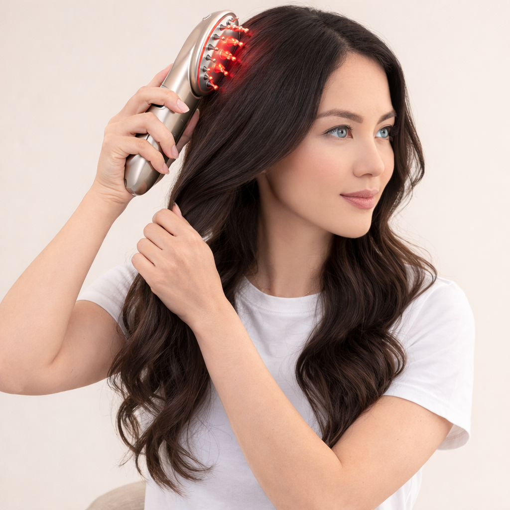 Woman brushing her hair with the Hair Loss Comb.