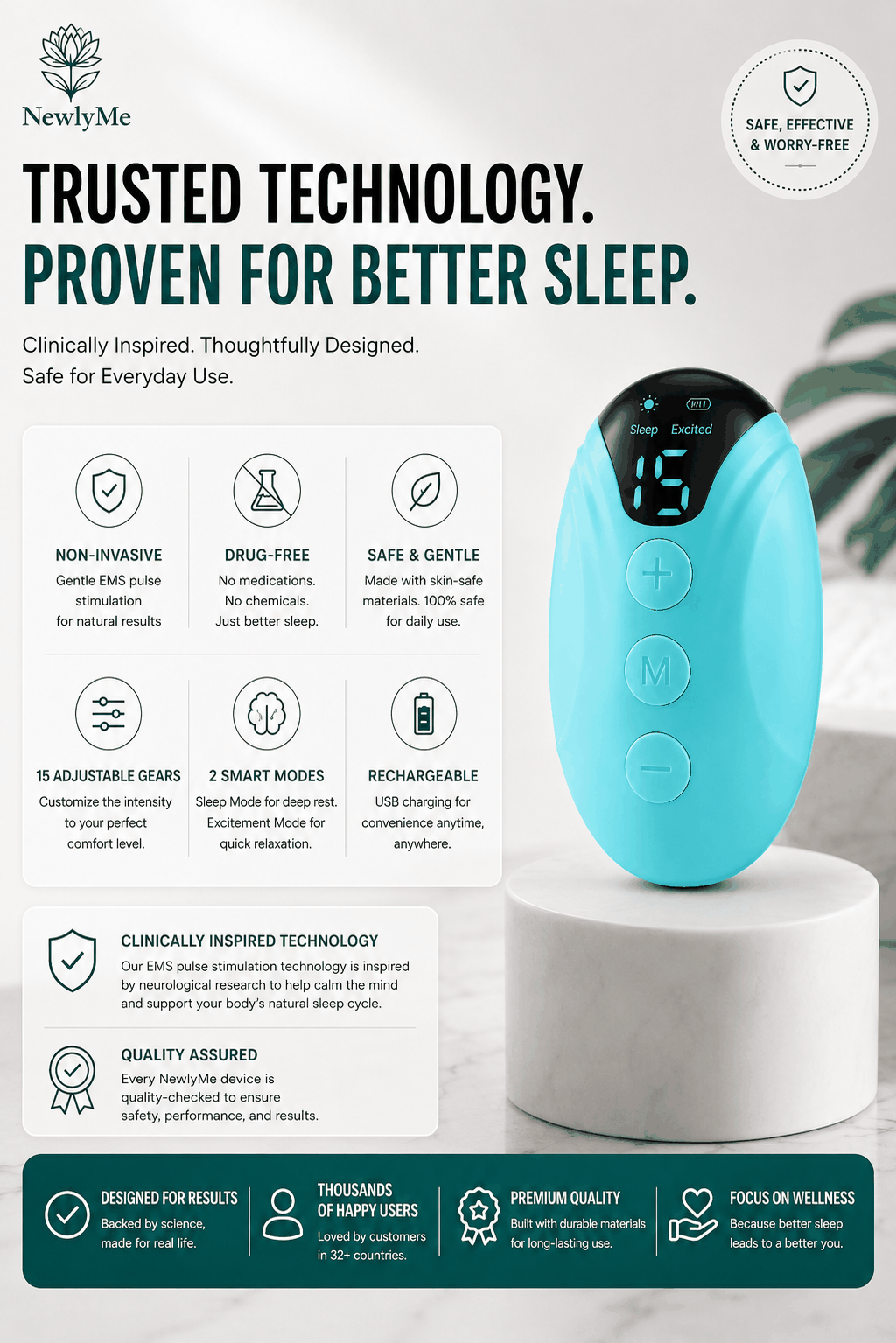 Blue electronic sleep aid device with digital display on a white stand, surrounded by text about sleep technology.
