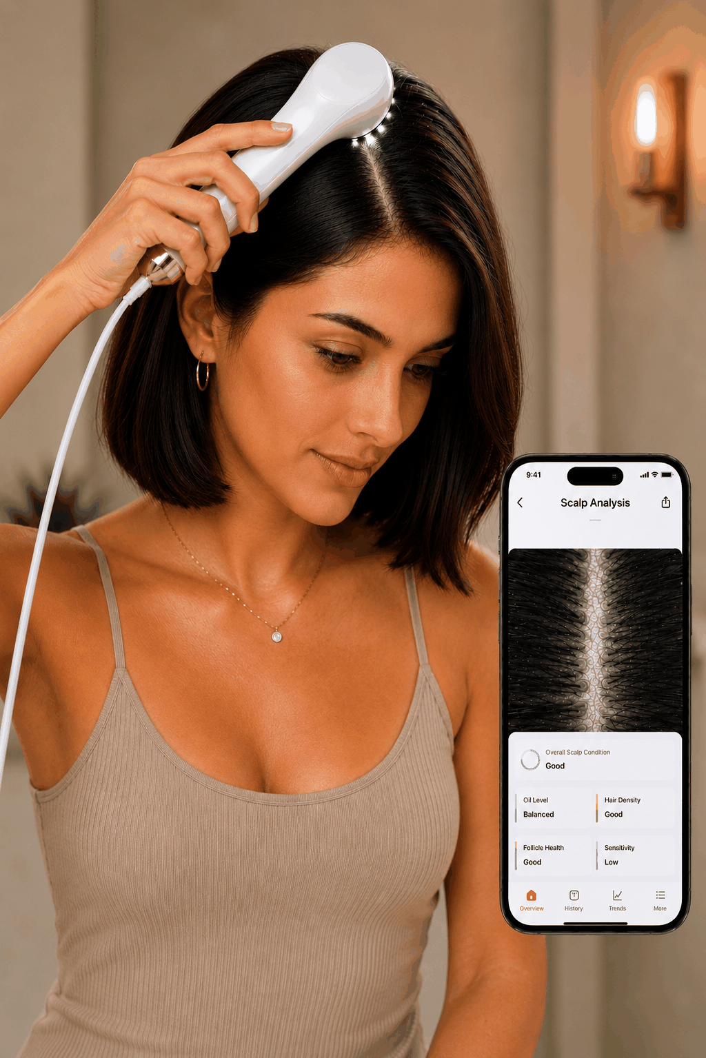 Woman using a hair care device with a phone displaying app interface.