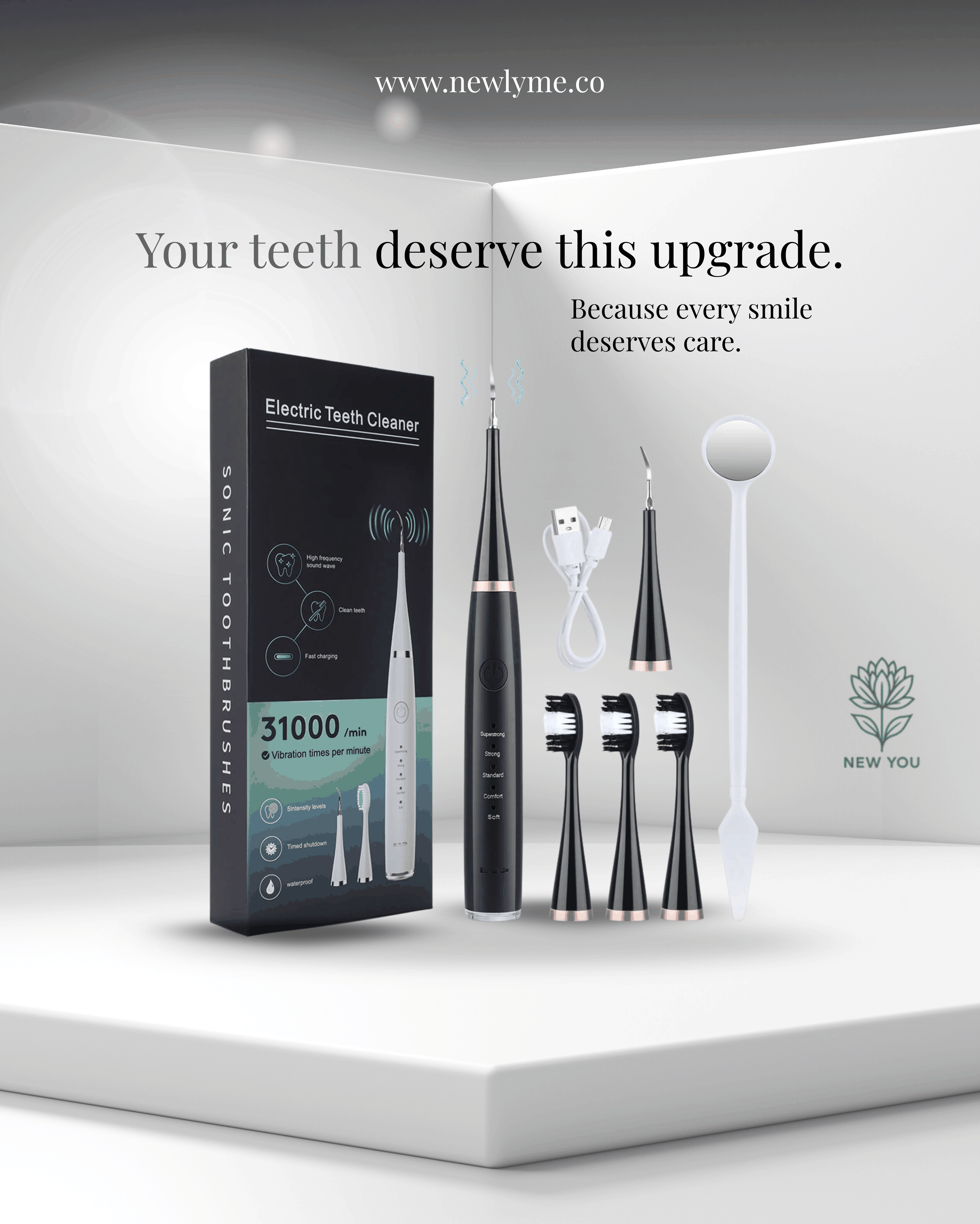 Electric toothbrush with scaler kit including three brush heads, USB charger, and dental mirror for effective plaque and tartar removal.