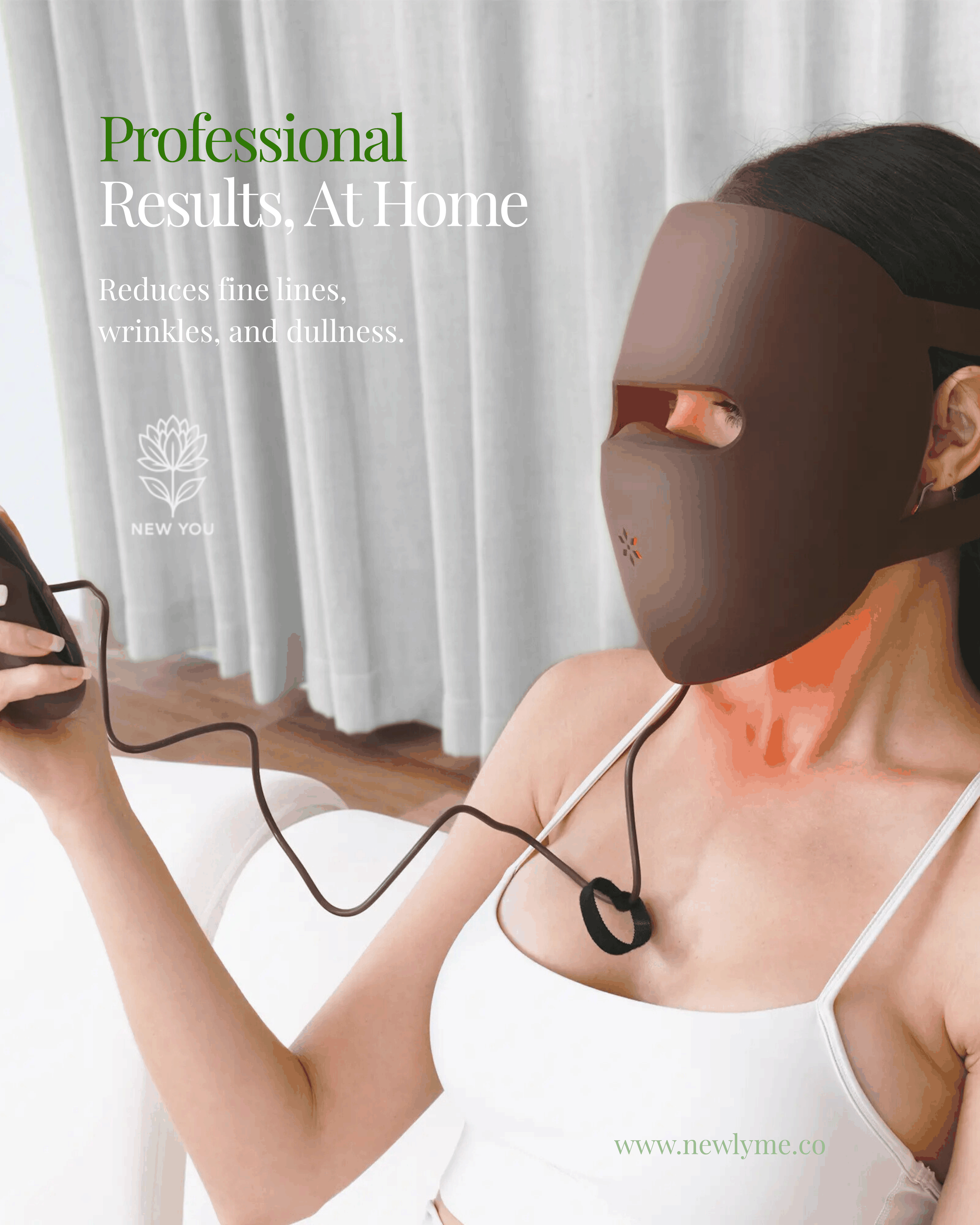 Medical Grade 9D Red Light Therapy Mask worn by woman for reducing fine lines and wrinkles at home