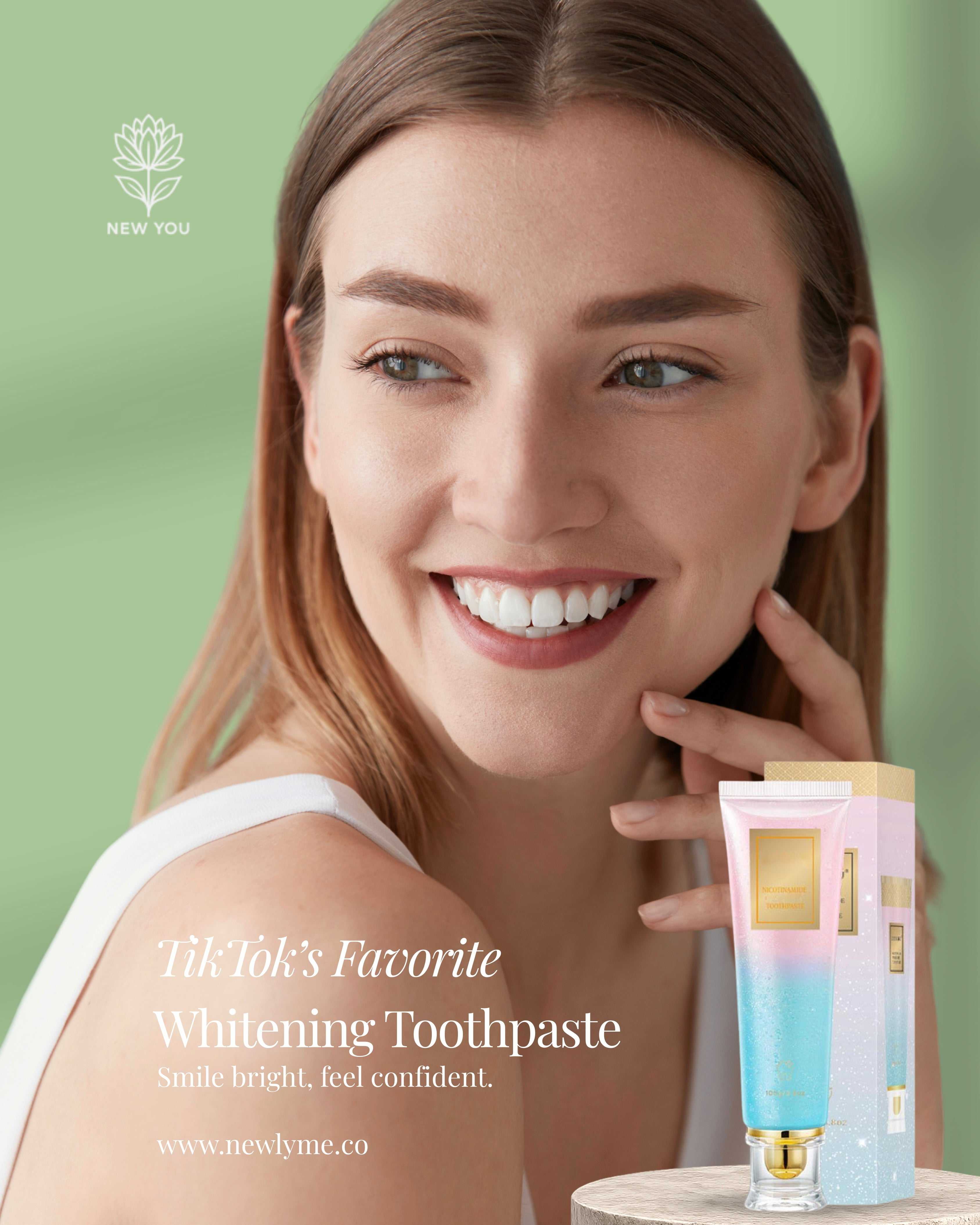 Smiling woman holding TiK ToK Viral Whitening Toothpaste with pastel packaging for bright, confident teeth