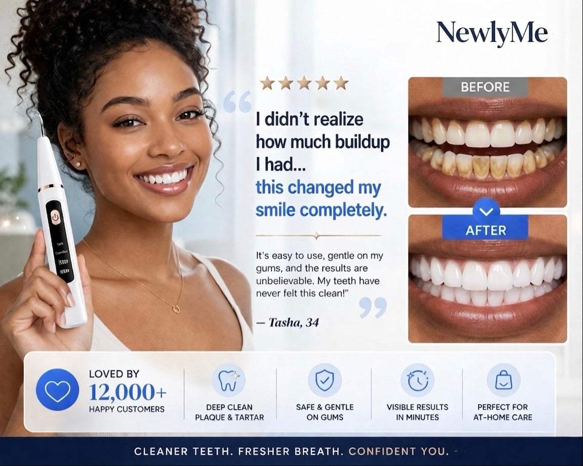 Woman holding the a dental scaler device and before-and-after results shown.