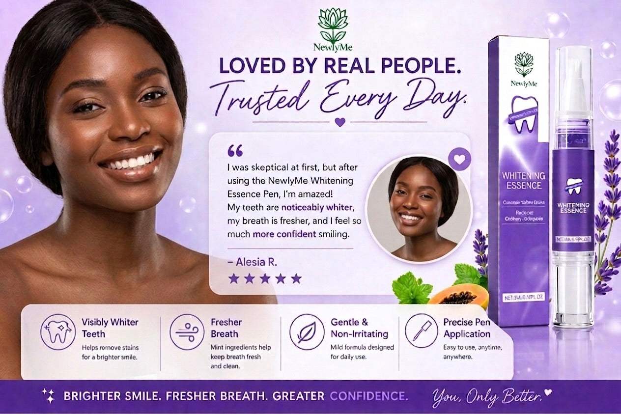 Teeth whitening product with a woman's face and product packaging on a purple background.