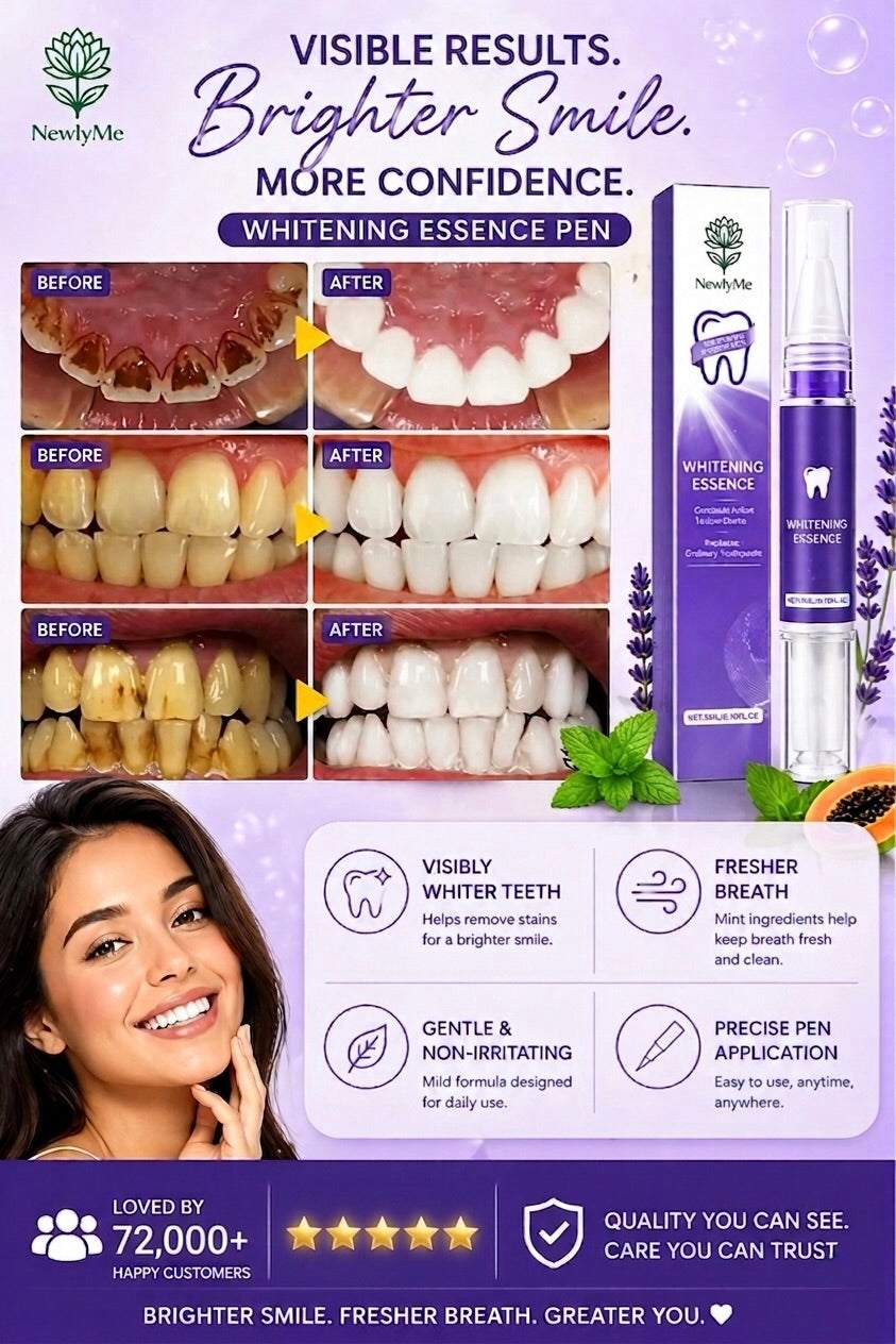 Teeth whitening product with before and after images, packaging, and customer feedback.
